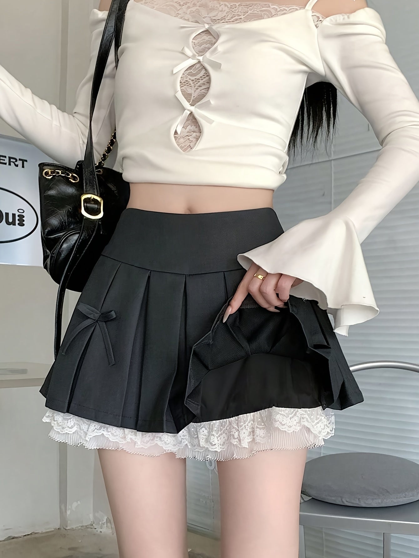 Women'S A-Line Pleated Skirt with Lace Trim & Bow Accents - Black Casual Layered Skirt for Spring Summer Fall, Versatile for Casual & Formal Outfits, Seasonal Fashion, Feminine Style, Quality Stitching, Fashion Lovers