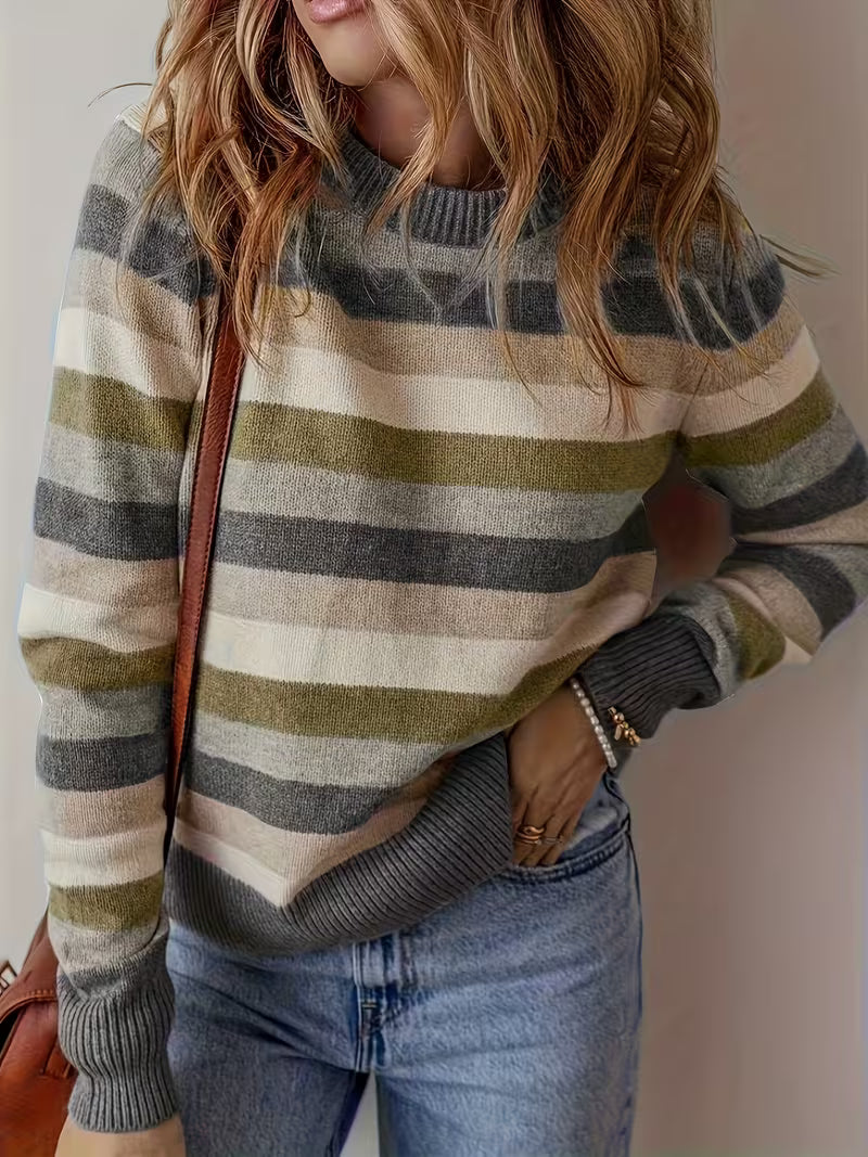 Women'S Elegant Beige Brown Gray Horizontal Striped Sweater Jacket - Soft Round Neck Long Sleeve All-Season Blazer, Cozy Casual to Dressy Tunic Top, Versatile Blazer for Everyday & Formal Wear, Hand Wash/Dry Clean