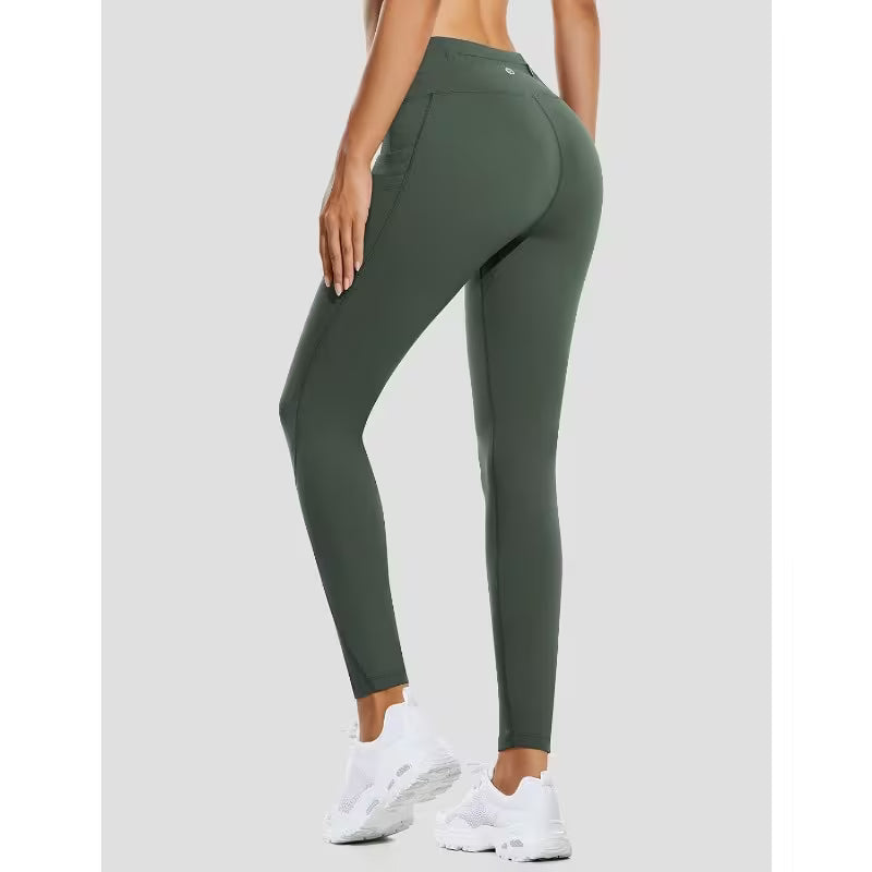 Women'S High-Waisted Fleece-Lined Thermal Winter Leggings - Water-Resistant Warm Tights with Pockets, Olive Green & Multi-Color Options, 4-Way Stretch for Running, Gym, Outdoor Sports & Casual Wear - Durable Cold Weather Athletic Pants