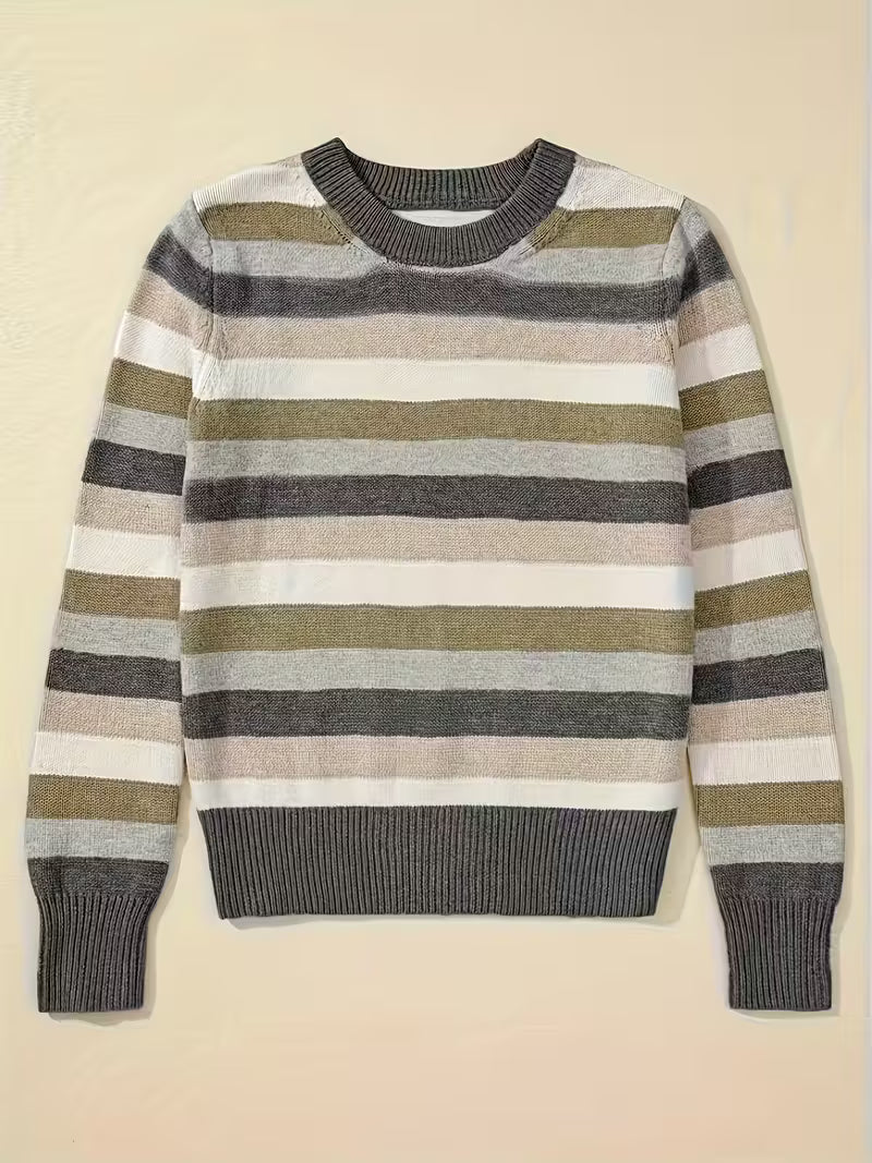 Women'S Elegant Beige Brown Gray Horizontal Striped Sweater Jacket - Soft Round Neck Long Sleeve All-Season Blazer, Cozy Casual to Dressy Tunic Top, Versatile Blazer for Everyday & Formal Wear, Hand Wash/Dry Clean