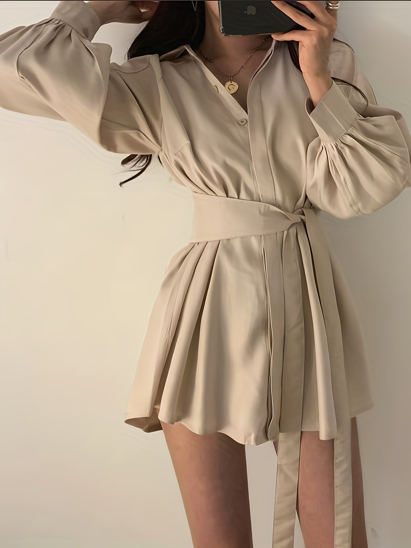 Temperament Waist Slim Blouse Spring And Autumn Design Sense Niche Balloon Sleeve Mid-length Shirt Dress Casual Big-name Versatile Comfortable Dress Set