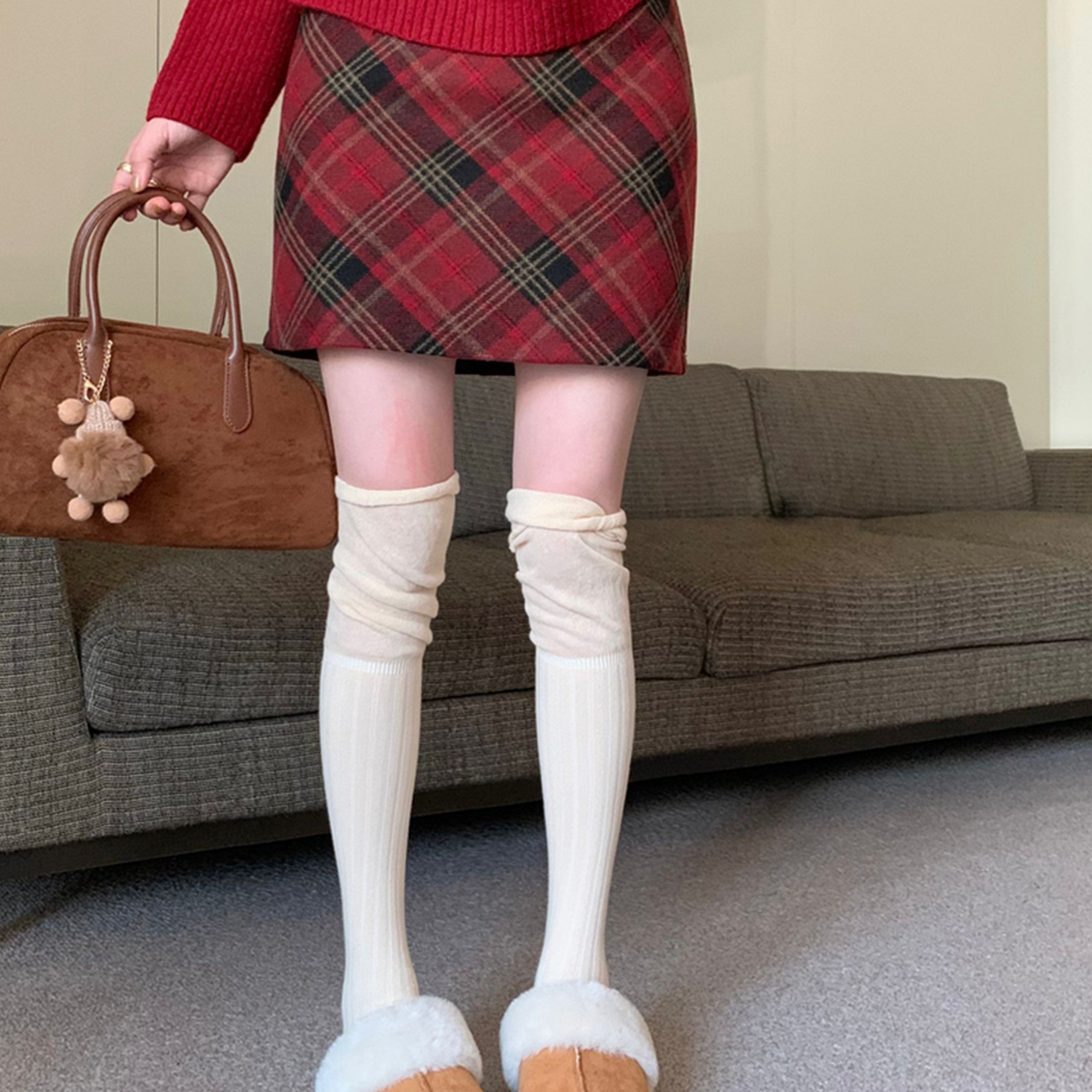 Christmas Vintage High-Waist Plaid A-Line Skirt for Women, 100% Polyester Gingham Pattern, All-Season Elegant Short Skirt