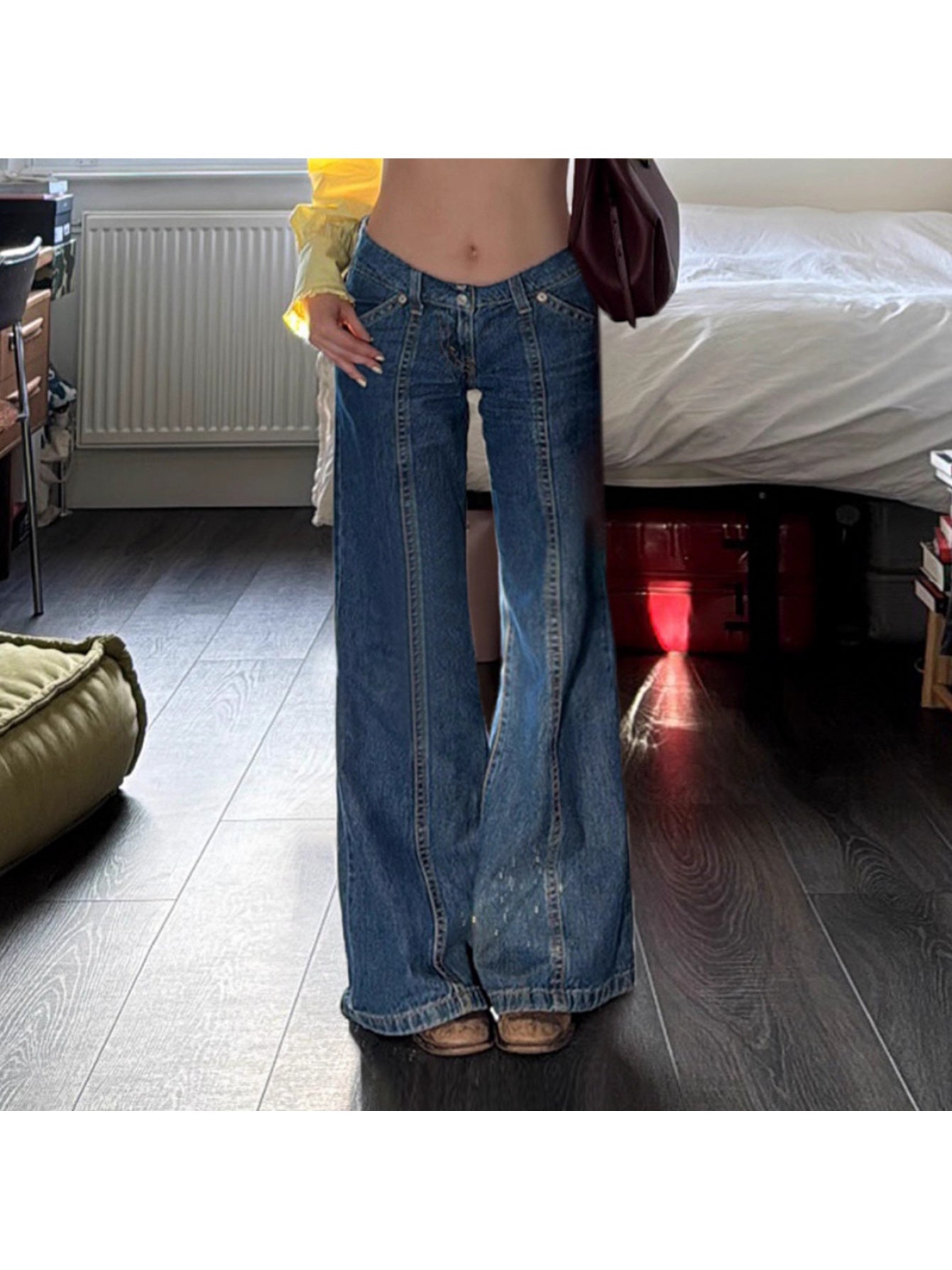 2025 American Retro Style Tall Women's Autumn Low Waist Straight Design Floor-Length Flared Jeans