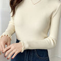 Women's Slim-Fit Korean\u002F Inspired High-Neck Sweater - Ruffled Collar & Sleeve Trim, Beige Pullover, Long Sleeve Blouse for Spring\u002FFall Layering, Casual & Formal Wear ( Kimono-Inspired Style)