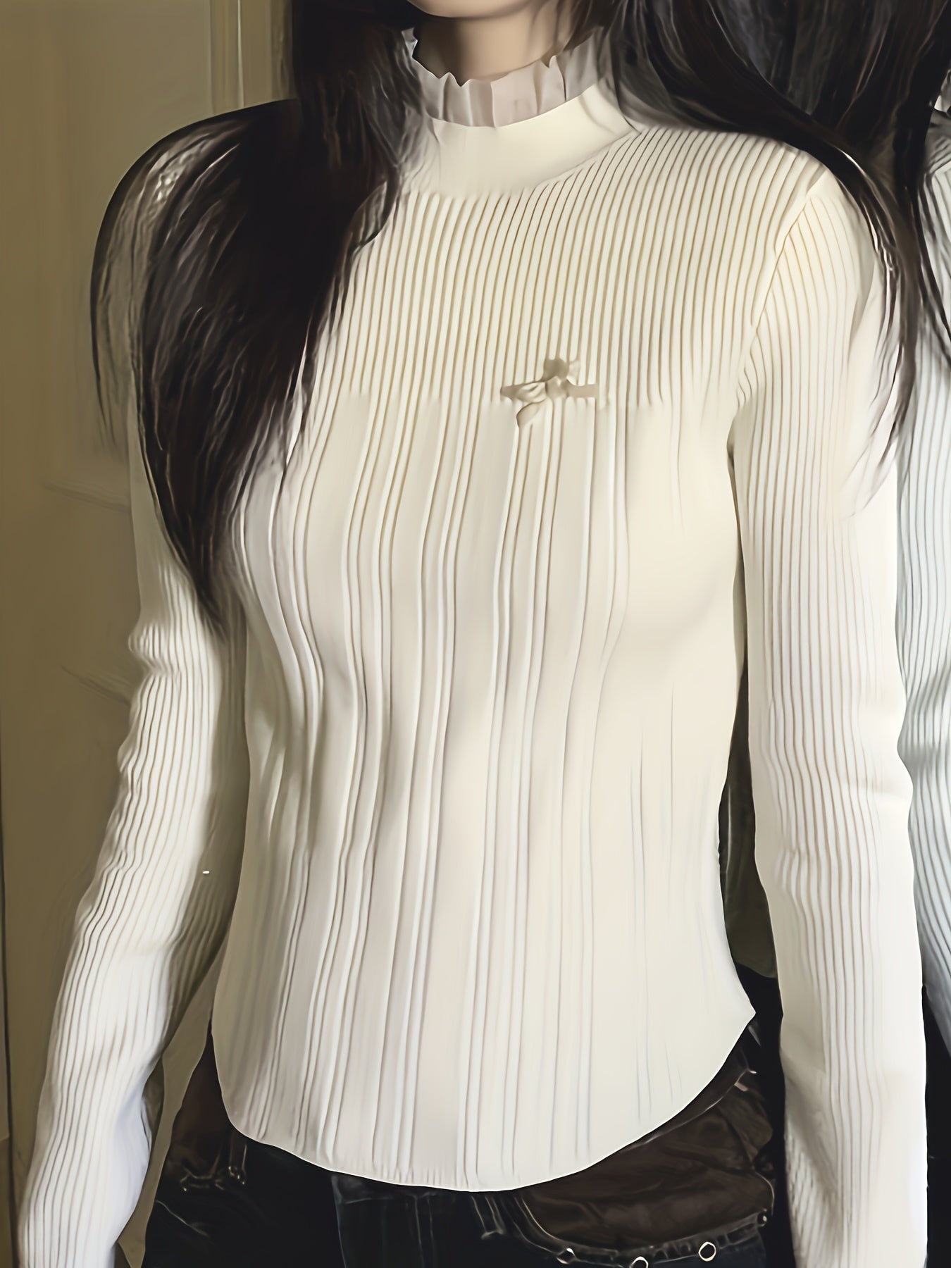 Women's Elegant Ribbed Knit Sweater - High Neck, Long Sleeve, Solid White, Slim Fit, Machine Washable, Polyester, All-Season Style, Ladies Sweaters