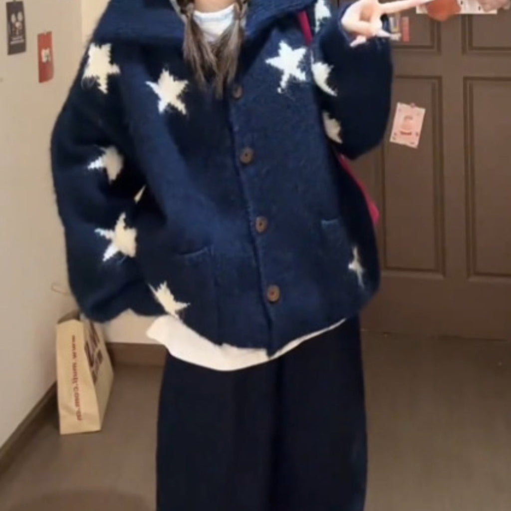 Women's Short-Length Star Cardigan - Belted Slim-Fit Winter Coat with Navy Blue & White Star Pattern, Short Jacket for Layering (No Padding) - Elegant Sweater Jacket for Fall\u002FWinter, Hand Wash\u002FDry Clean (Casual & Formal