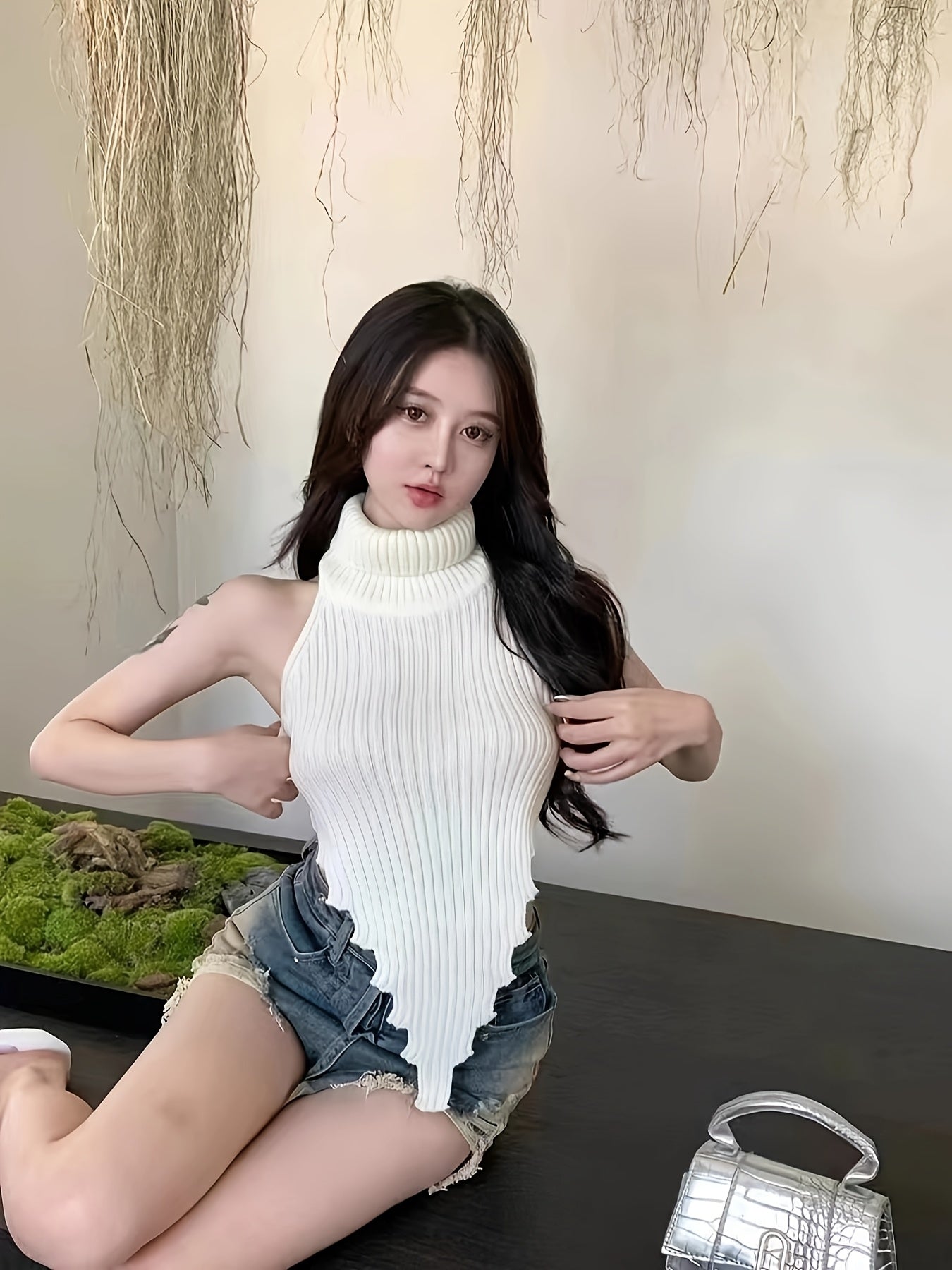 Women's Sexy Backless Sleeveless Top - High Neck Asymmetrical Hem Summer Pullover, Stretchy Solid Color Chic Shirt for Casual & Formal Outfits, Formal Attire, Highneck Pullover, Durable Fabric