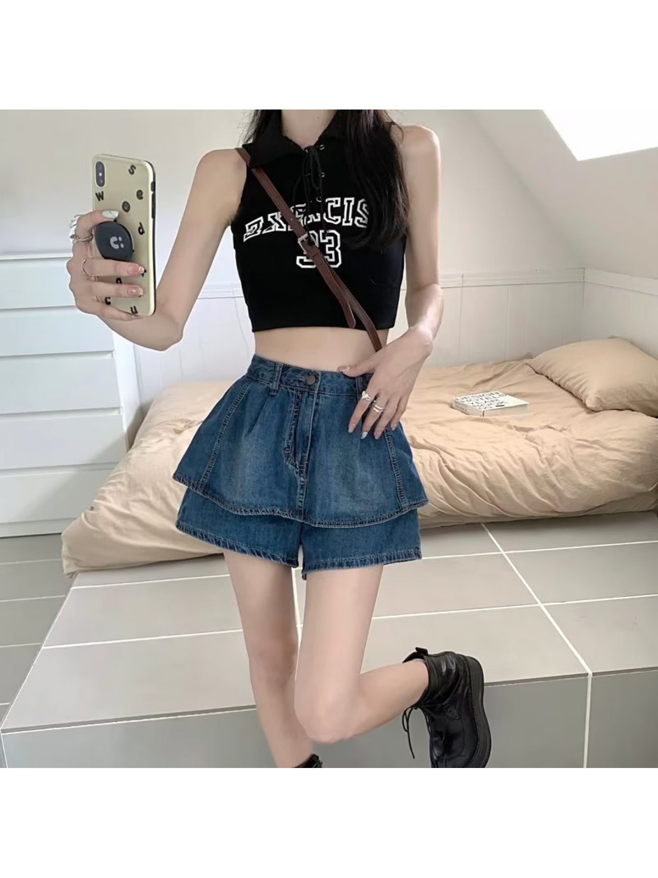 Women's Vintage High Waisted Skirt Pants - Short Skirt with Ruffle details (no ), Loose-Fit summer for a retro Western Style - Cake Skirt Pants