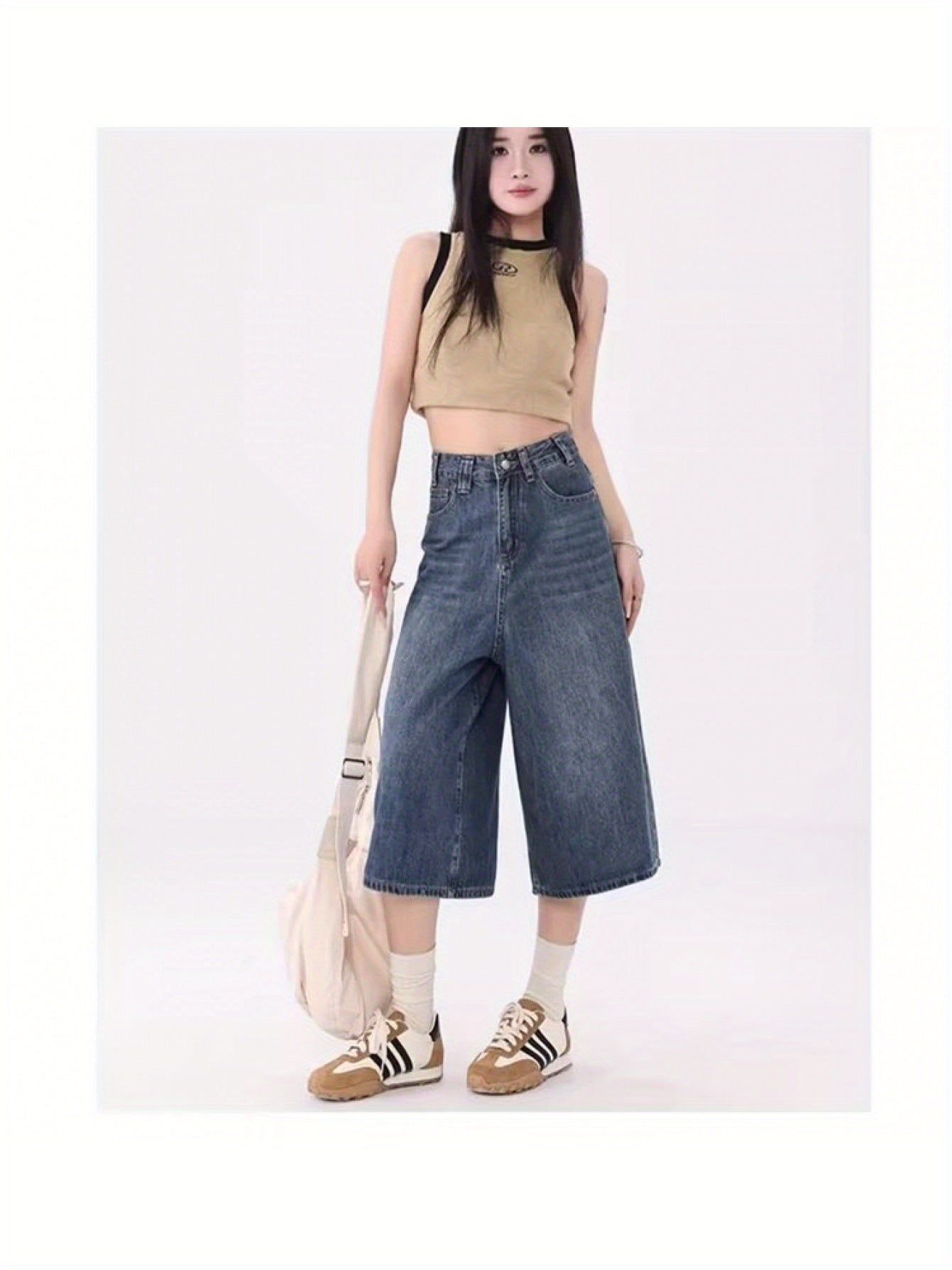 Loose Wide-Leg Cropped Jeans Women- Summer New High-Waist Retro Style Washed Distressed Straight Leg Bermuda Shorts Fit