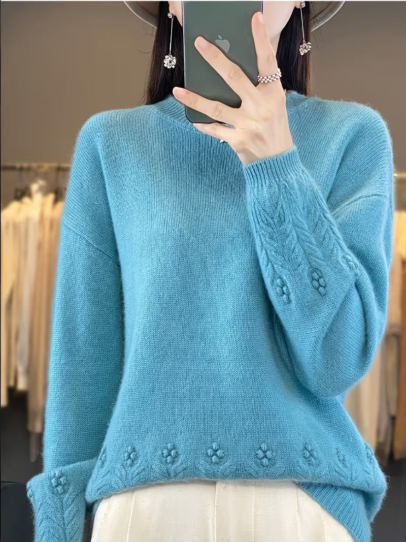 100% WOOL Women'S Elegant Sweater | Soft Long Sleeve Pullover with Round Neck, Neutral Tones, Button Details - Cozy Fall/Winter Sweater for Everyday & Formal Outfits