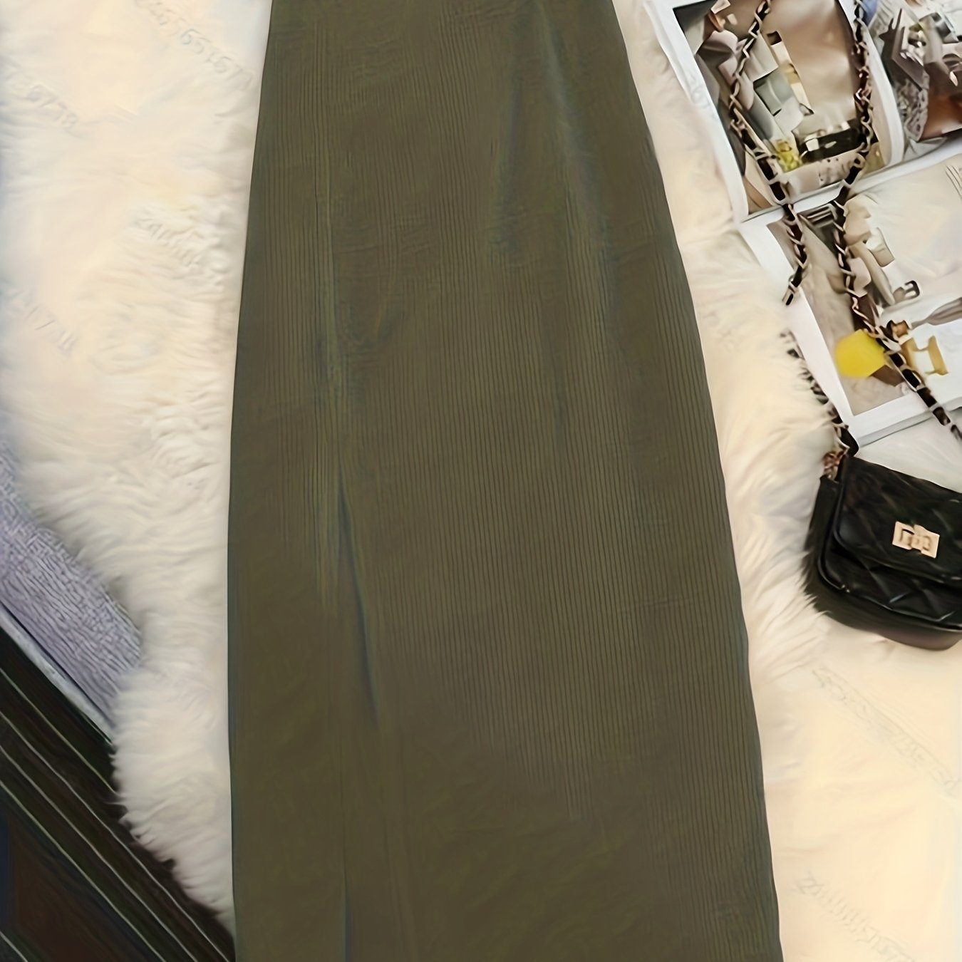 Women's Elegant Vintage Corduroy A-Line Skirt - High-Waisted Long Winter Skirt with Slant Split, Brown Corduroy Pants-like Style (No Elastic), Machine Washable Fall\u002FWinter to Party Outfits - Tailored Fit Non-Stretch Skirt