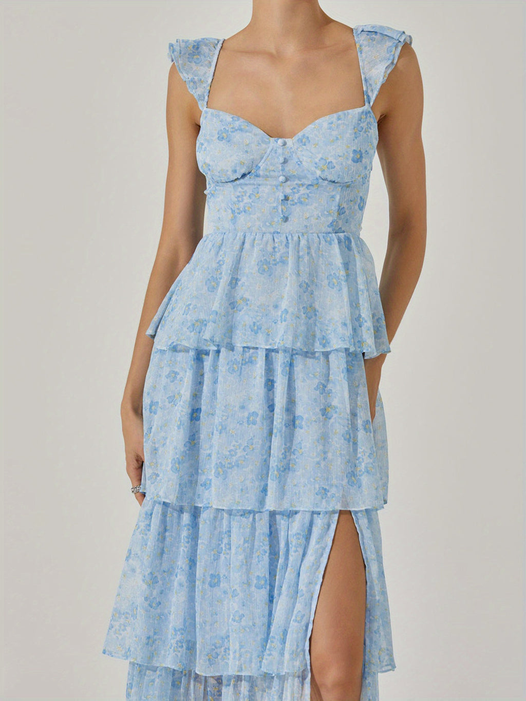 Women'S Floral Dress Stylish Multi-Layered Ruffles Split Cap Sleeve Long A-Line Dress for Spring Summer