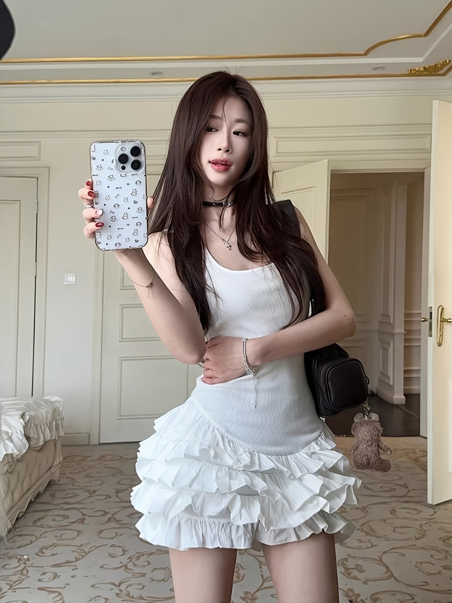 Chic Summer Dress for Women with a Fitted Waist And Sweet And Spicy Style, Featuring a Unique Ruffled Short Skirt with a Five-Layer Design.