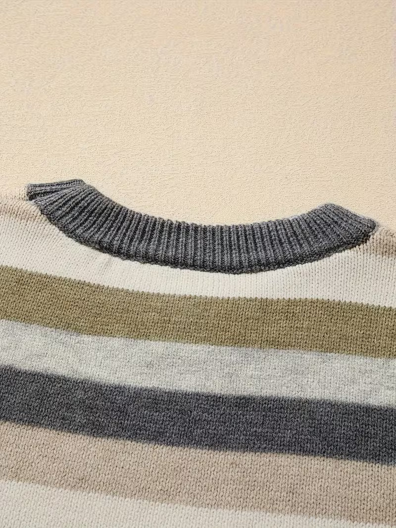 Women'S Elegant Beige Brown Gray Horizontal Striped Sweater Jacket - Soft Round Neck Long Sleeve All-Season Blazer, Cozy Casual to Dressy Tunic Top, Versatile Blazer for Everyday & Formal Wear, Hand Wash/Dry Clean