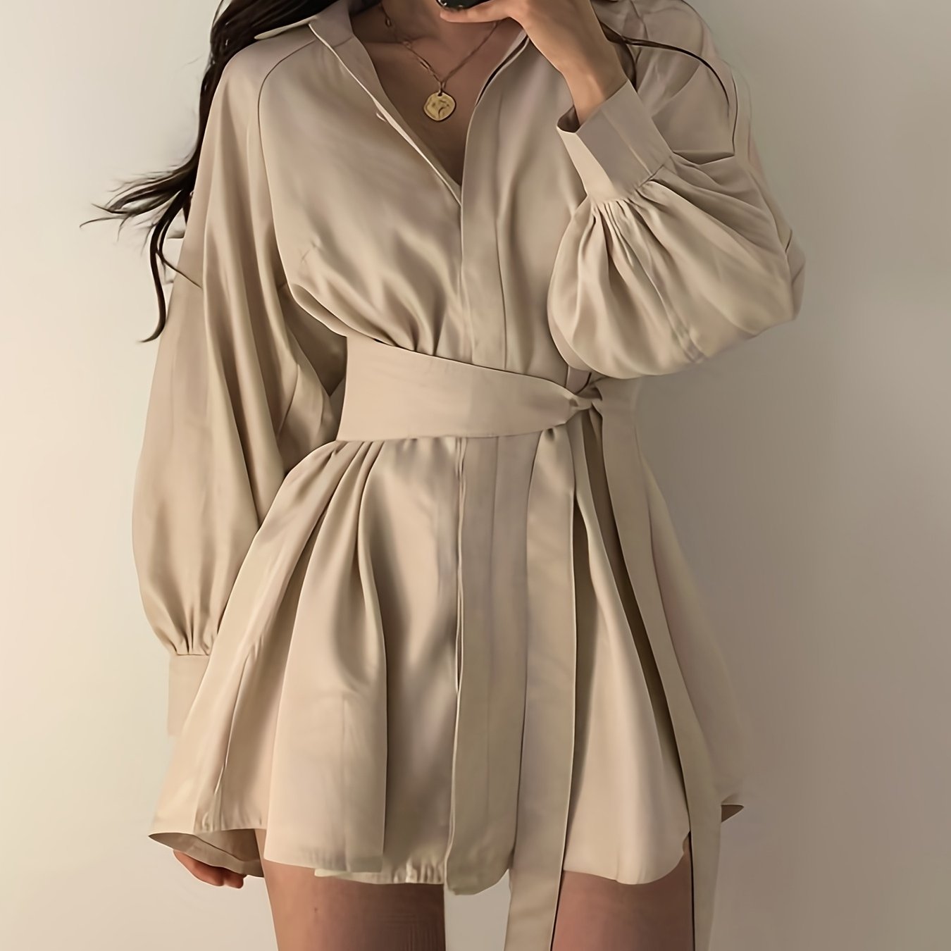 Temperament Waist Slim Blouse Spring And Autumn Design Sense Niche Balloon Sleeve Mid-length Shirt Dress Casual Big-name Versatile Comfortable Dress Set