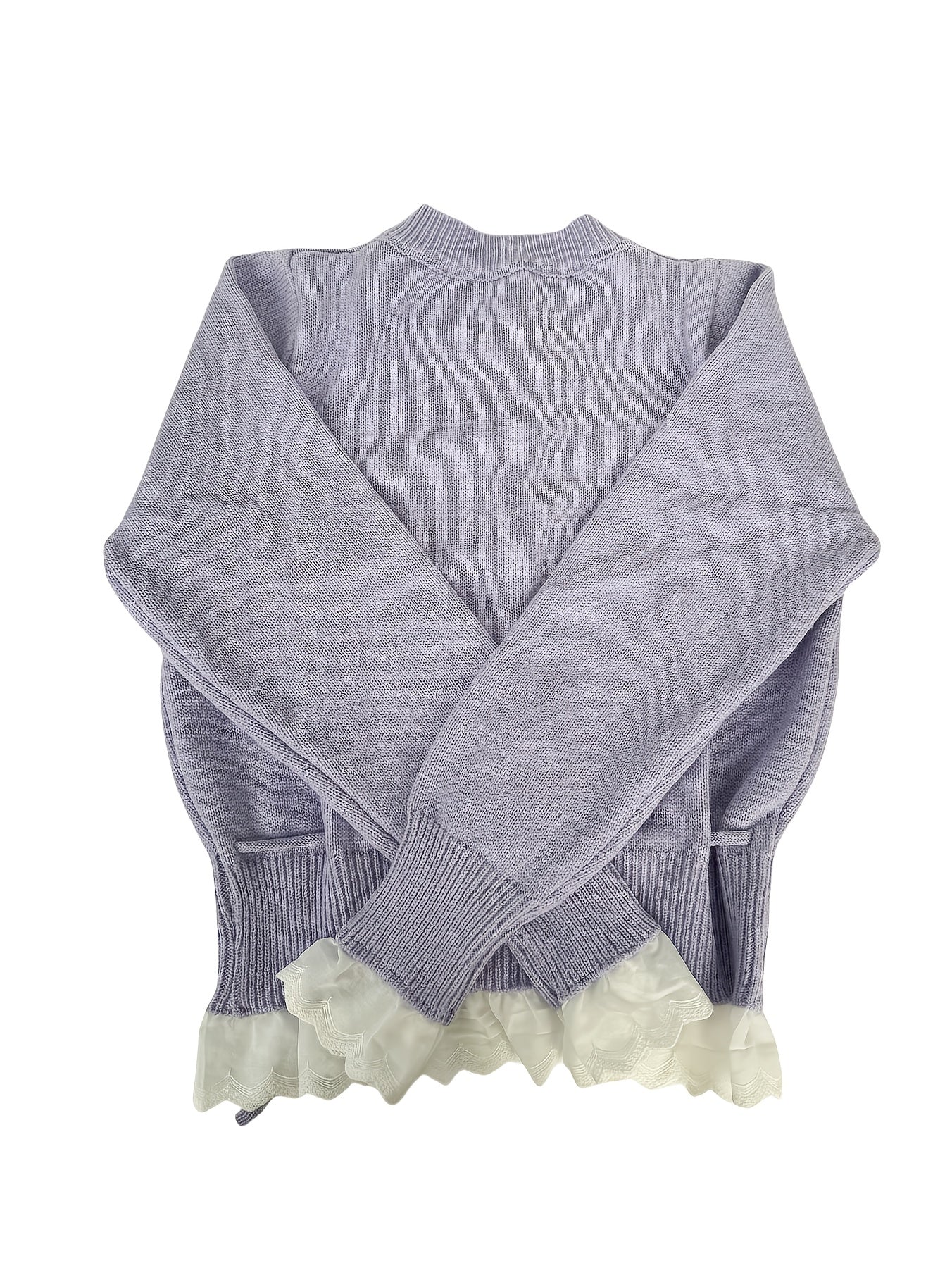 Women's Red Lace Trim Cardigan with Fitted Waist & Puff Sleeves - Cozy Machine-Washable Round Neck Sweater for Fall Winter Layering, Sweater Cardigan, Layering Piece, Crochet Texture, Textured Knitwear