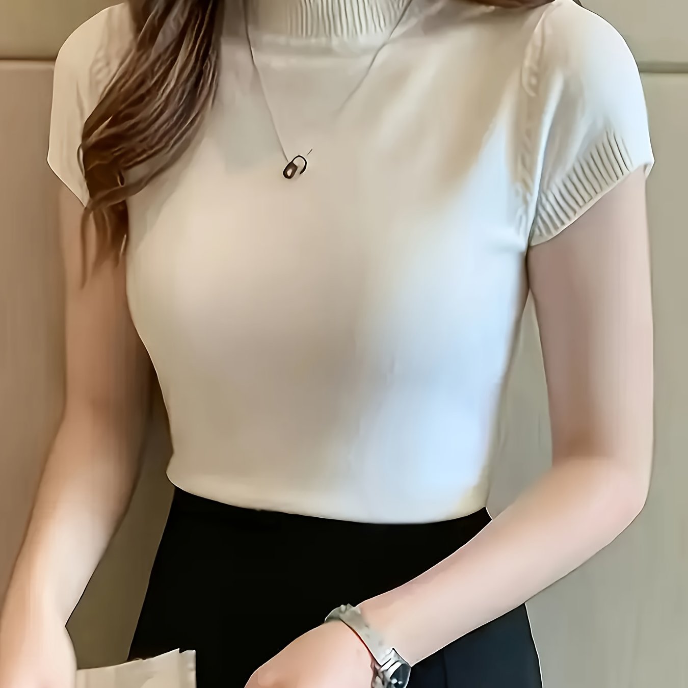 Women's Chic Sweater - Stretchy Office to Party Top, Non-See-Through Slim Fit Shirt for Spring\u002FSummer\u002FFall, Machine Washable Everyday & Formal Outfits, Seasonal Fashion, Highneck Design, Comfortable Wear