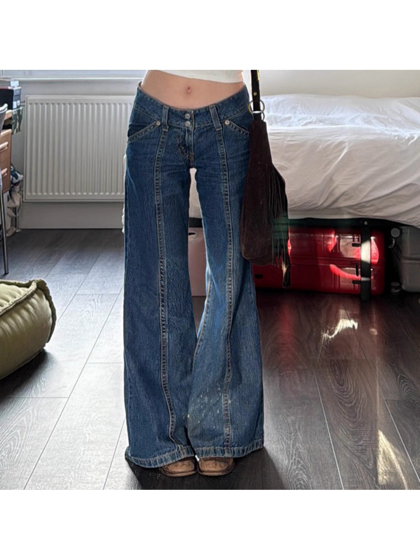 2025 American Retro Style Tall Women's Autumn Low Waist Straight Design Floor-Length Flared Jeans