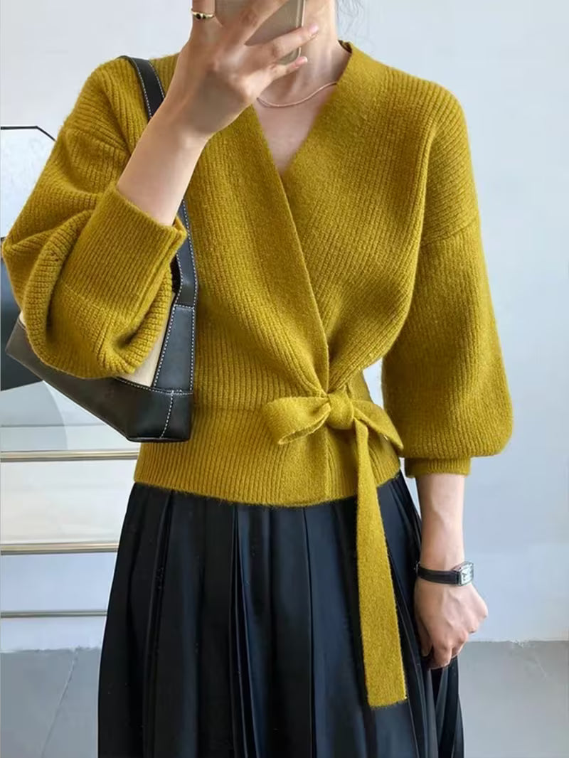100% Wool Women'S Mustard Yellow V-Neck Cardigan Sweater | Belted Waist & Asymmetrical Hem, Lightweight Long Sleeve Blazer-like Jacket for Spring/Fall, Casual or Formal Outfits, Solid Color, Versatile Layering Piece
