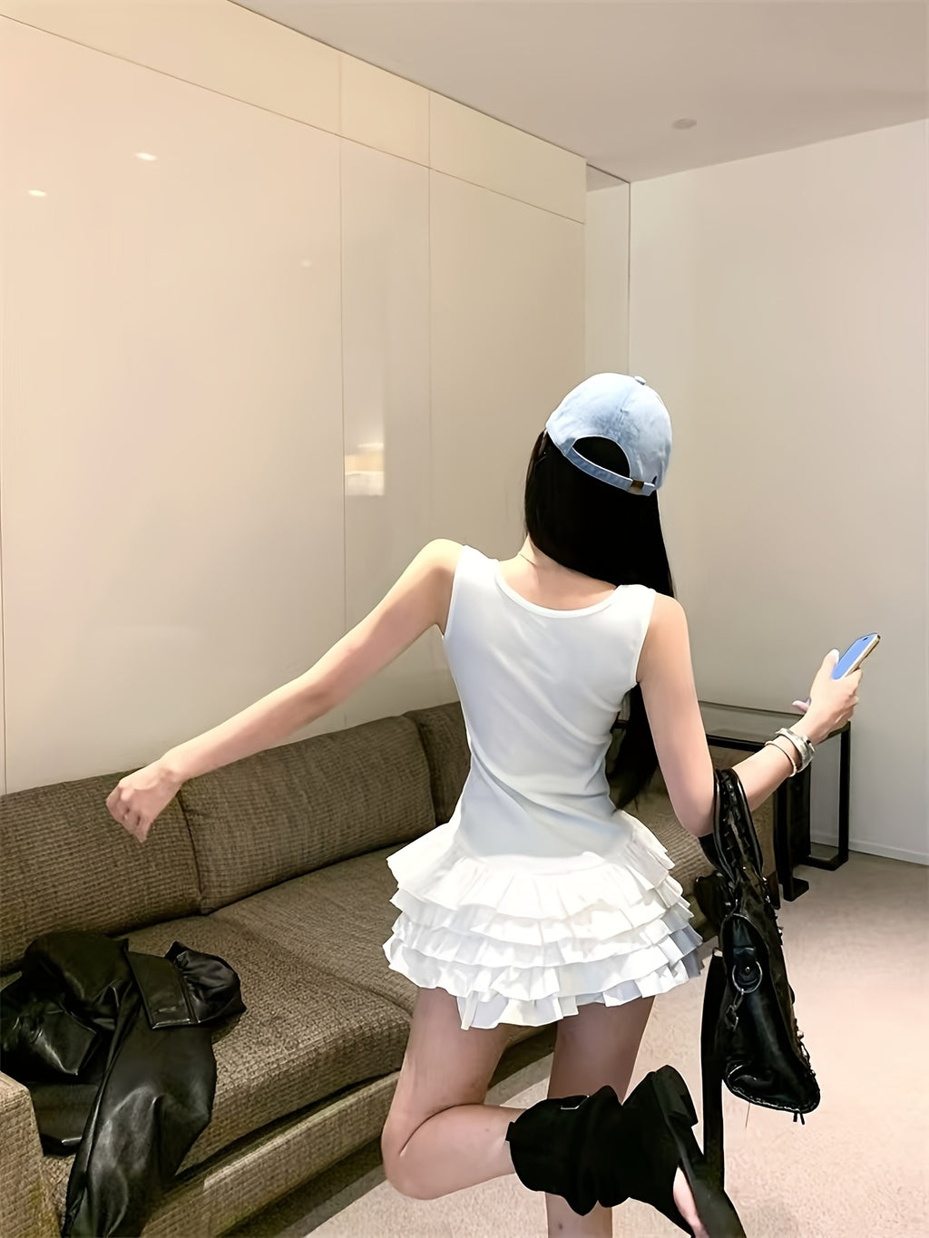 Chic Summer Dress for Women with a Fitted Waist And Sweet And Spicy Style, Featuring a Unique Ruffled Short Skirt with a Five-Layer Design.