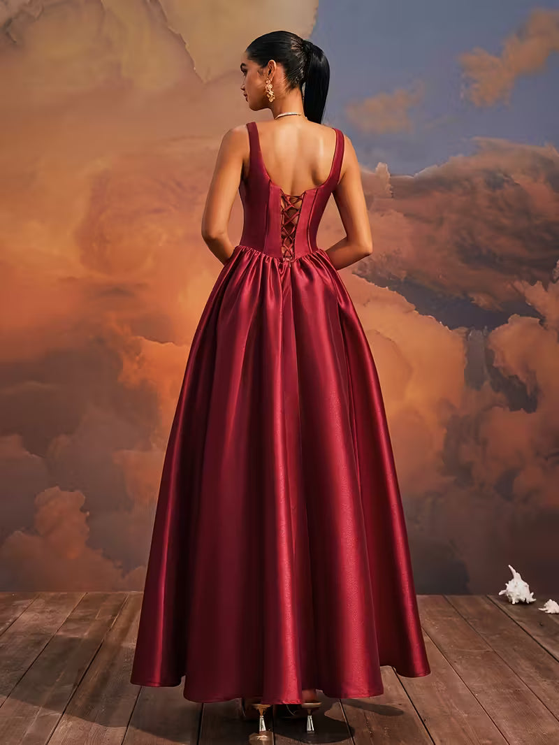 One Women's Sexy Evening Dress with Spaghetti Straps, Elegant A-Line Back Tie Design Long Gown for Ladies High Waist Tall Leg Lengthened Party Cocktail Ball Prom Fashion Holiday Graduation Vacation Date Night Wear