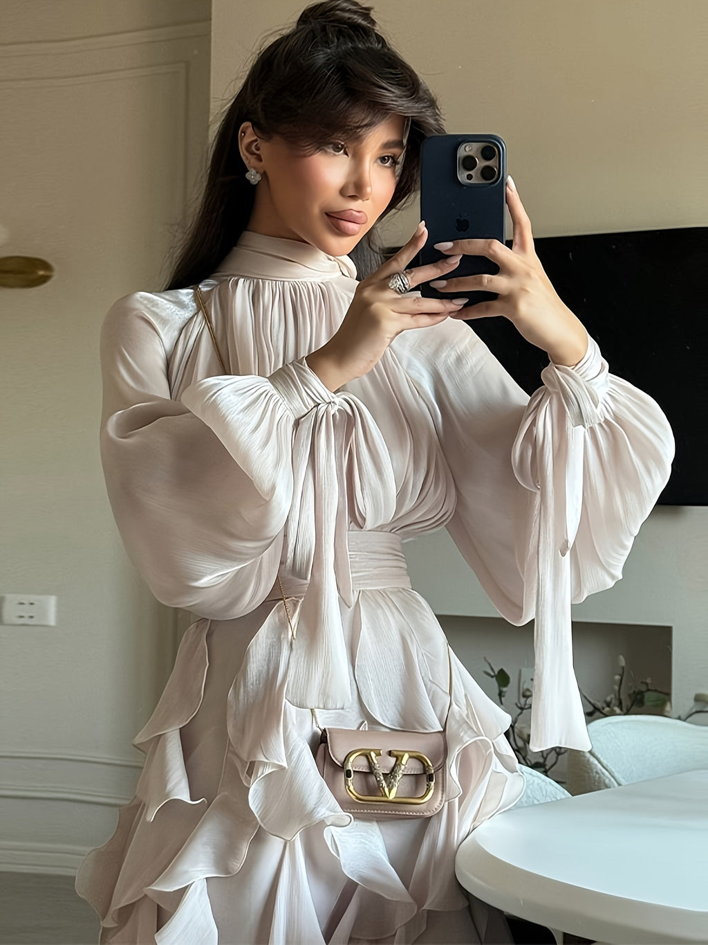 Collection Beige Ruffle Maxi Dress High Neck Sash Design Architectural Tailoring Multi-Layer Cascading Hem Wedding Banquet Elegant Gown