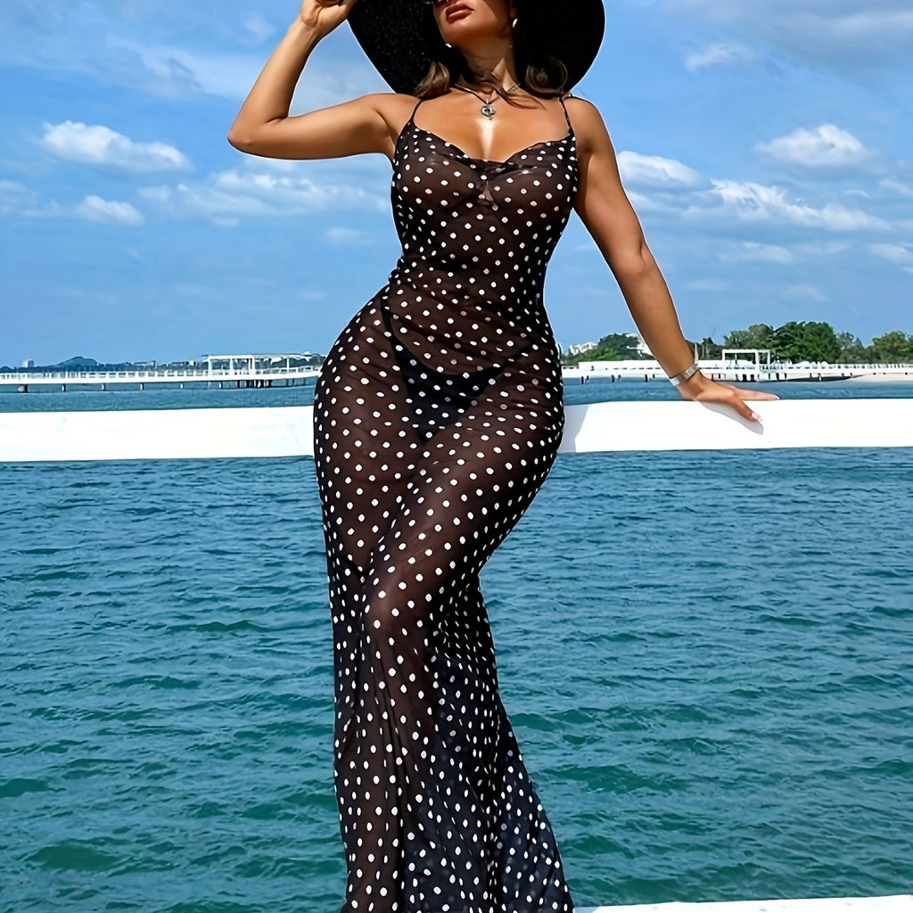 Women'S Elegant Polka Dot Slip Dress with Adjustable Thin Straps - Perfect for Summer Vacations, Beach Cover-Up, and Casual Outings, Beach Coverup Dress | Stylish Maxi Dress | Polyester Fabric