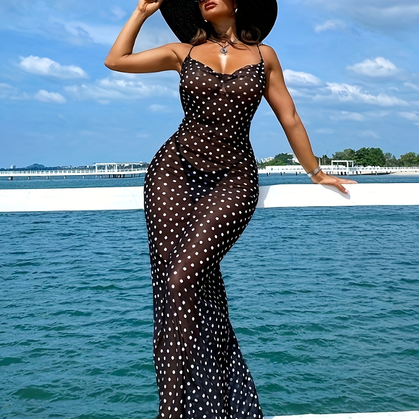 Women'S Elegant Polka Dot Slip Dress with Adjustable Thin Straps - Perfect for Summer Vacations, Beach Cover-Up, and Casual Outings, Beach Coverup Dress | Stylish Maxi Dress | Polyester Fabric