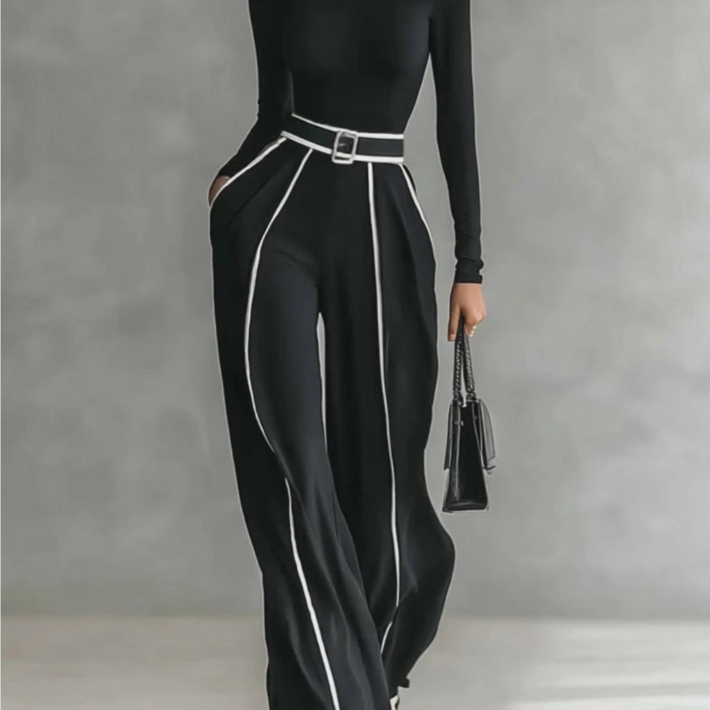 Magic Mia Women's Black Wide-Leg Pants - High Waist with White Piping & Belt Detail | Tailored Elegant Fit for Office Commute, Casual Daily & Fashion Styling (Flowy Fabric & Figure-Flattering) for Sophisticated Looks