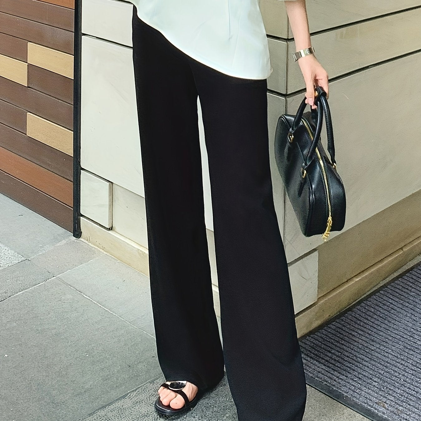 Women's Light Grey Straight-Leg Casual Pants - Non-Stretch Acetate Trousers with Pockets, Regular Fit Long Length for Spring\u002FFall, Versatile for Commuting & Casual Outings, Spring Fall Clothing, Minimalist Design, Practical Pockets