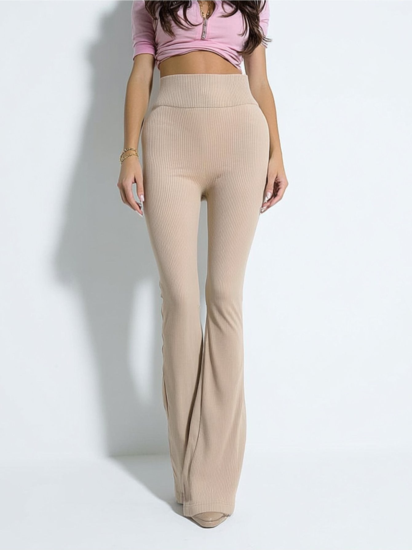 Women's Ribbed Knit High Waist Flare Pants Stretchy Butt-Lifting Slimming Casual Yoga Bell Bottoms
