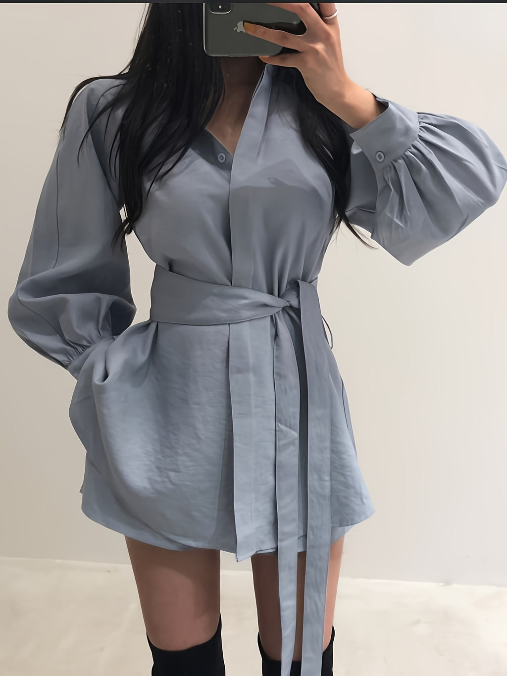 Temperament Waist Slim Blouse Spring And Autumn Design Sense Niche Balloon Sleeve Mid-length Shirt Dress Casual Big-name Versatile Comfortable Dress Set