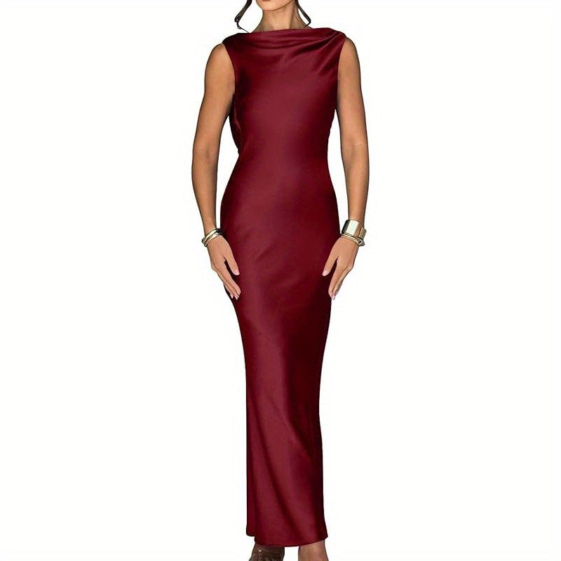 Memoriesea Women'S Satin Elegant Sleeveless High Neck Tie Cocktail Party Maxi Dress