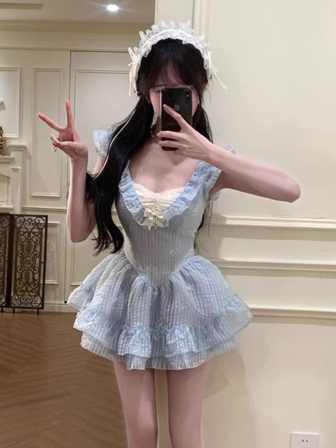 Women's French-Inspired Short Sleeve A-Line Dress with Lace Trim & Smock Bodice - Slim-Fit Mini Wedding Guest Dress, Boned Waist Vintage Style Party Dress for Petite Ladies, Hand Washable (No Elastic) - All-Season Elegant Outfit