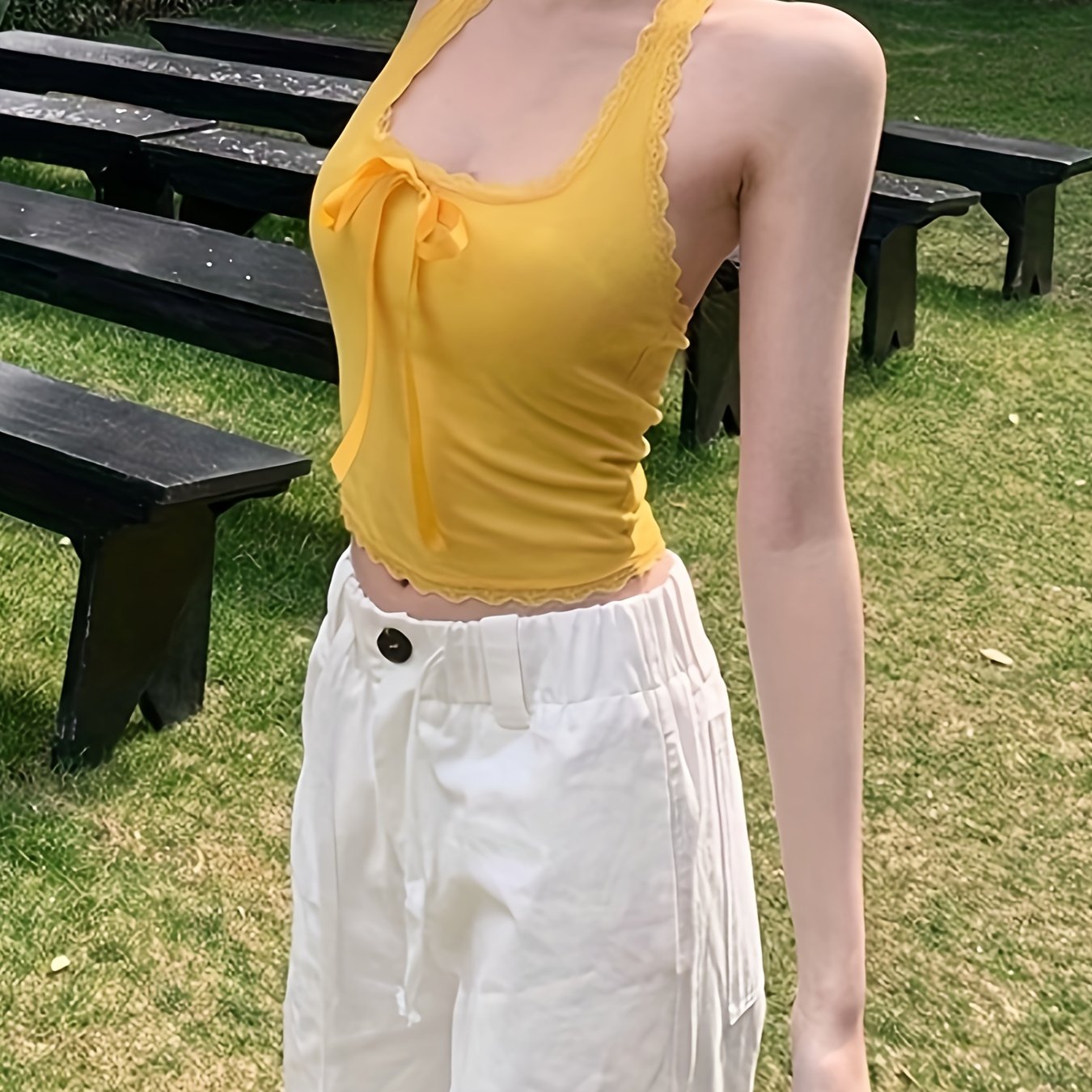 Y2K Sexy Halter Neck Crop Top - Red Lace Trim & Front Bow Detail, Summer Casual H-Silhouette Shirt with Padded Bust, Machine Washable Solid Color Women's Fashion Top, Trendy Outfit, Decorative Bow Detail, Nontransparent Fabric