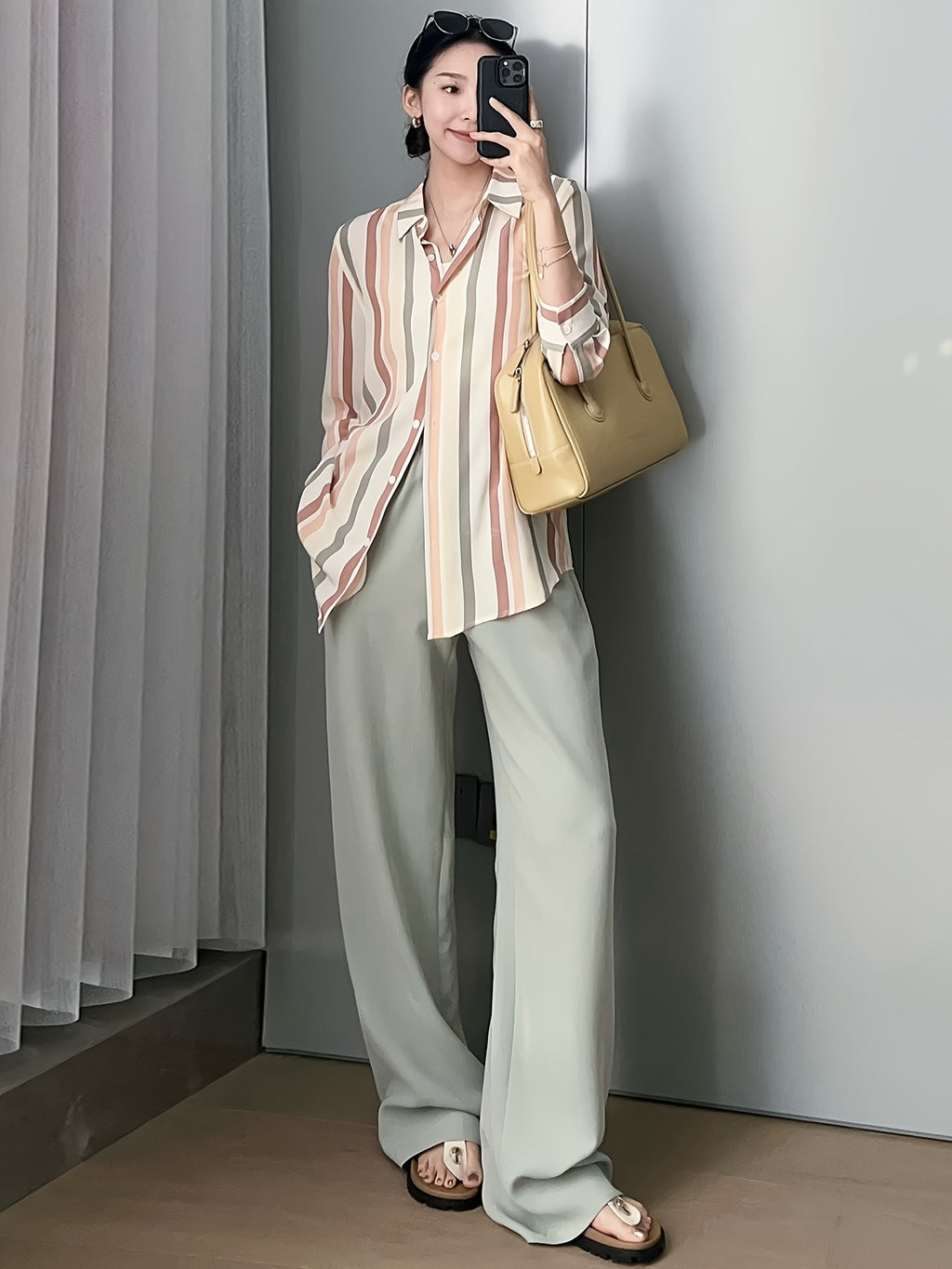 Women's Light Grey Straight-Leg Casual Pants - Non-Stretch Acetate Trousers with Pockets, Regular Fit Long Length for Spring\u002FFall, Versatile for Commuting & Casual Outings, Spring Fall Clothing, Minimalist Design, Practical Pockets