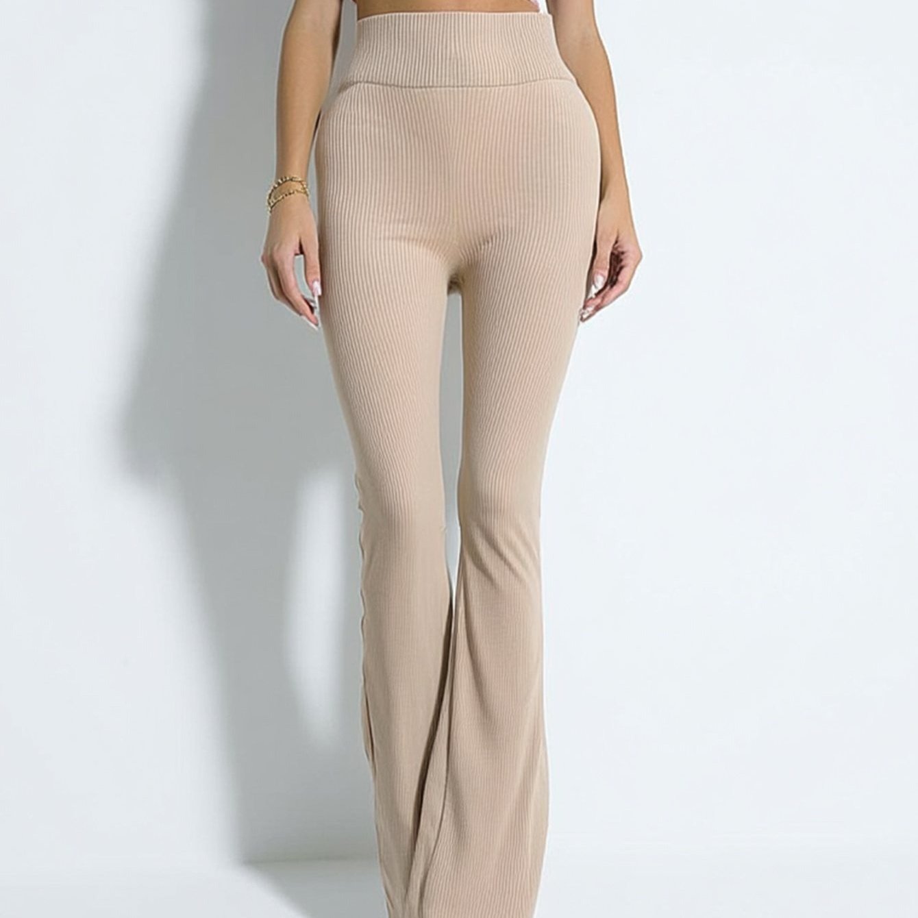 Women's Ribbed Knit High Waist Flare Pants Stretchy Butt-Lifting Slimming Casual Yoga Bell Bottoms