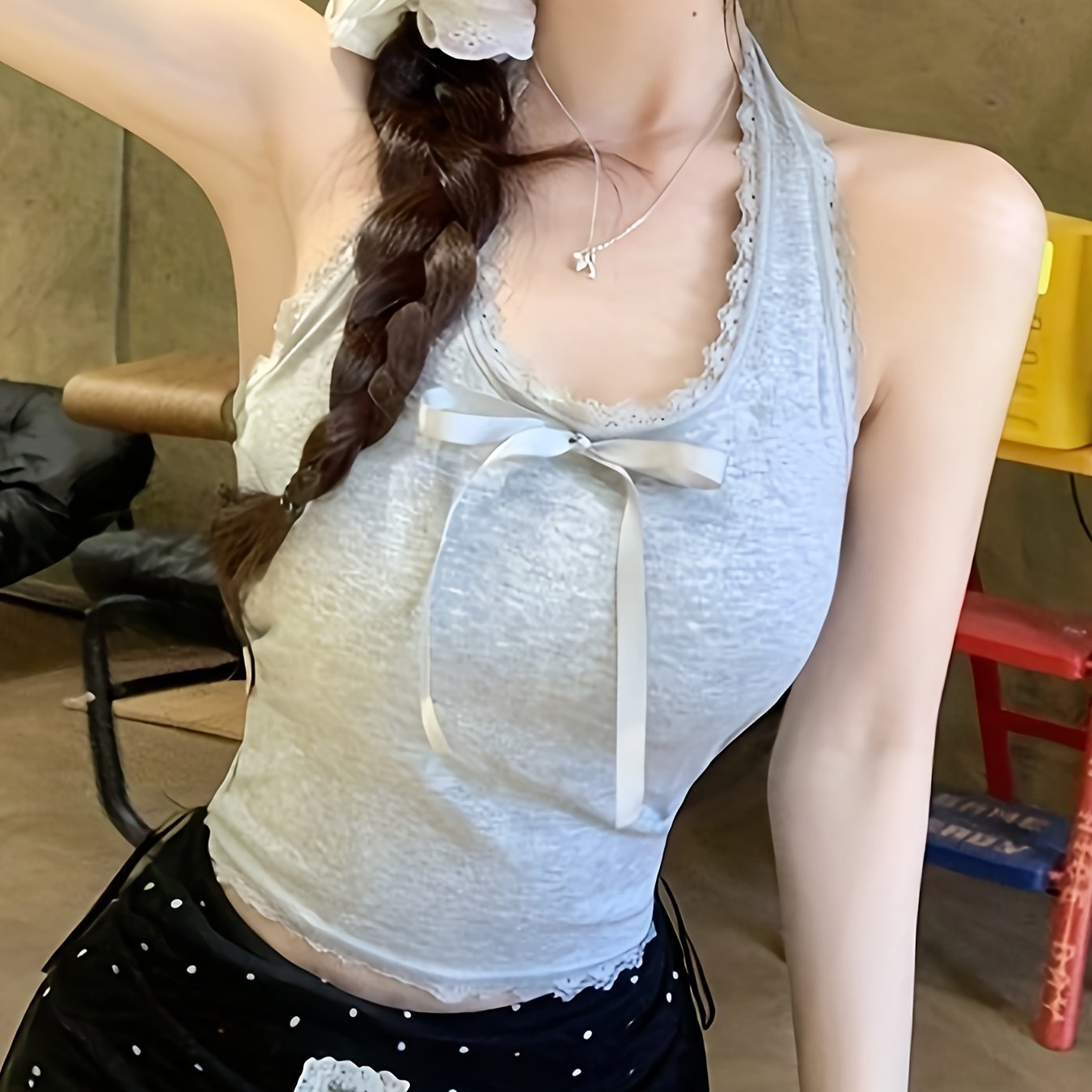 Y2K Sexy Halter Neck Crop Top - Red Lace Trim & Front Bow Detail, Summer Casual H-Silhouette Shirt with Padded Bust, Machine Washable Solid Color Women's Fashion Top, Trendy Outfit, Decorative Bow Detail, Nontransparent Fabric