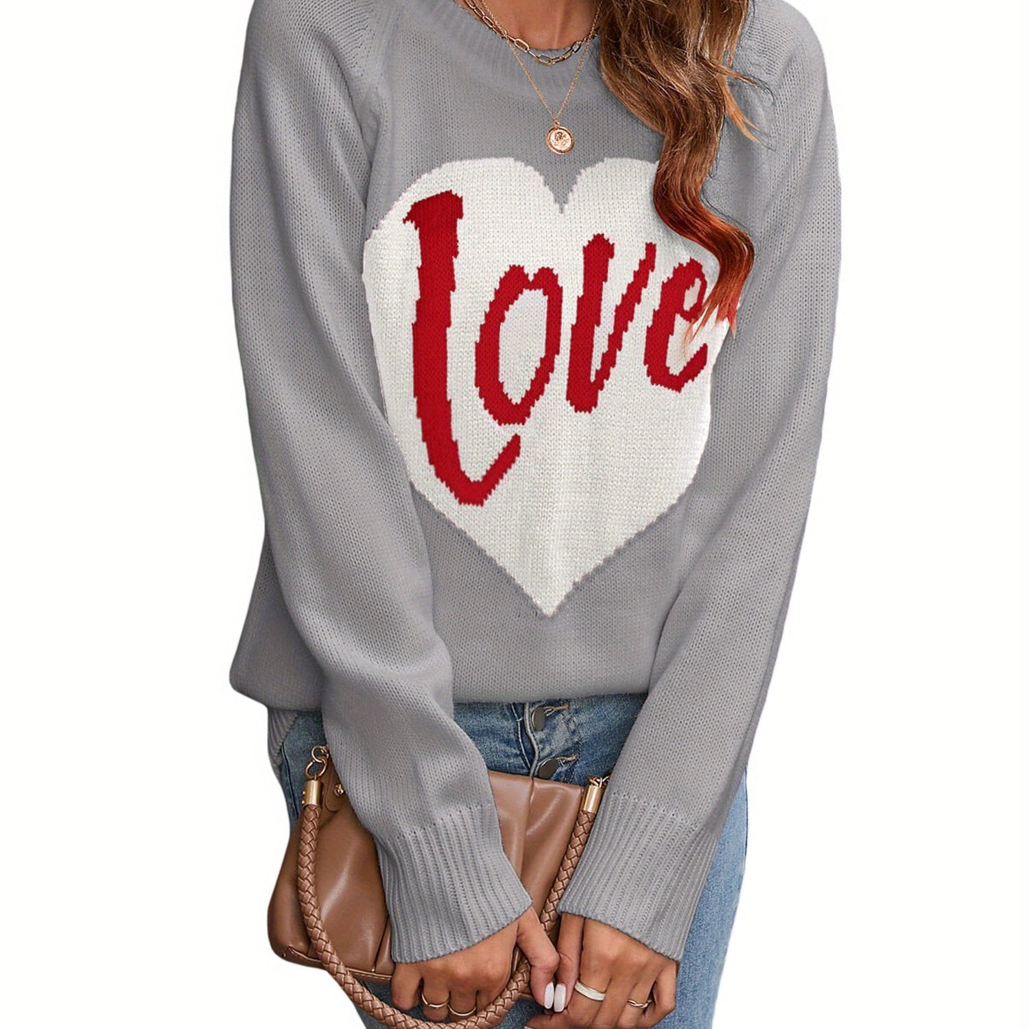 1pc Vintage Style Women'S Knit Sweater with Heart-Shaped