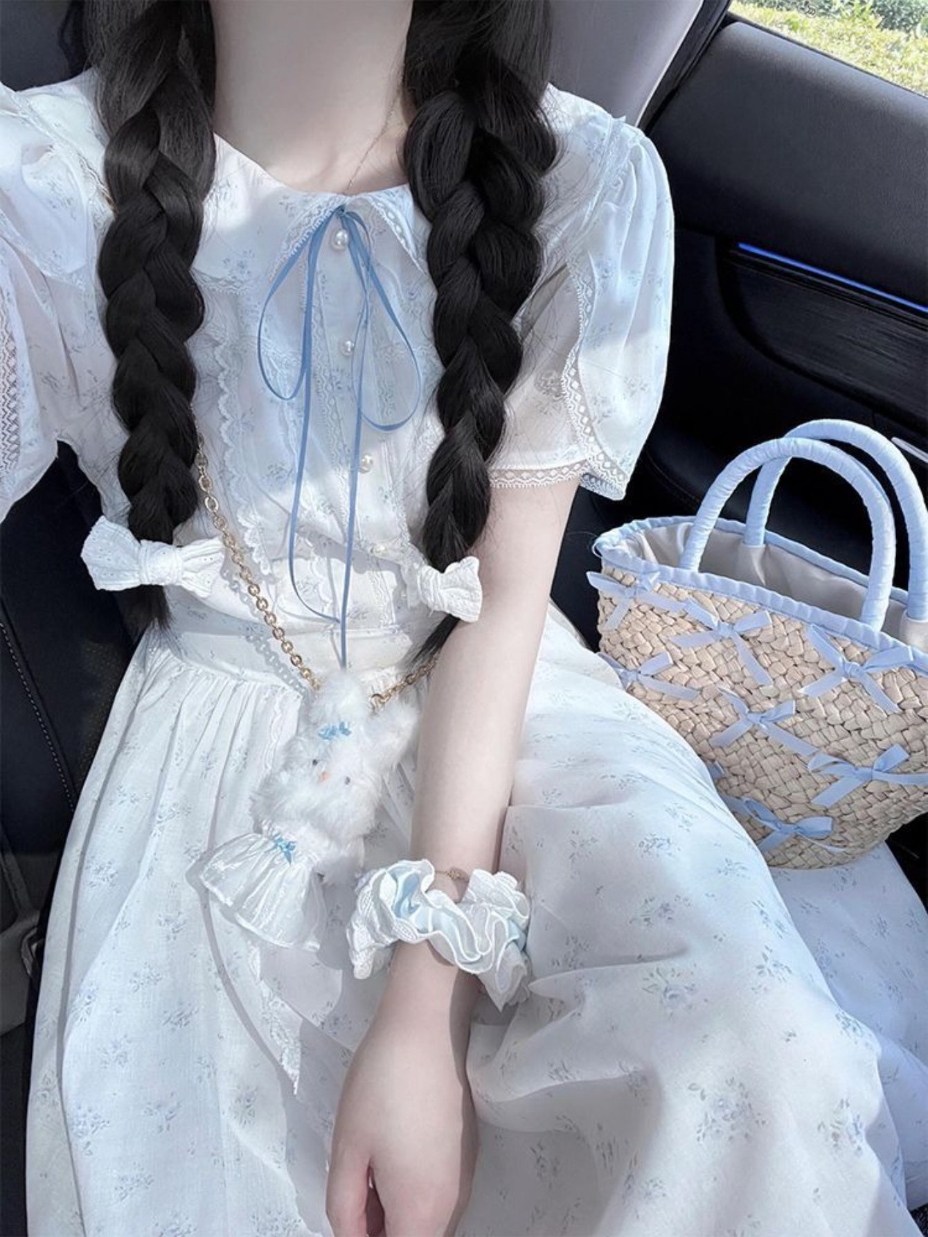 Women's Elegant Floral Print A-Line Dress with Spaghetti Strap & Smock Neckline - Slim-Fit Waist, Full Skirt, Blue Floral Pattern on White - All-Season Semi-Sheer Long Dress for Casual to Semi-Formal Events, Hand Washable Lightweight Fabric