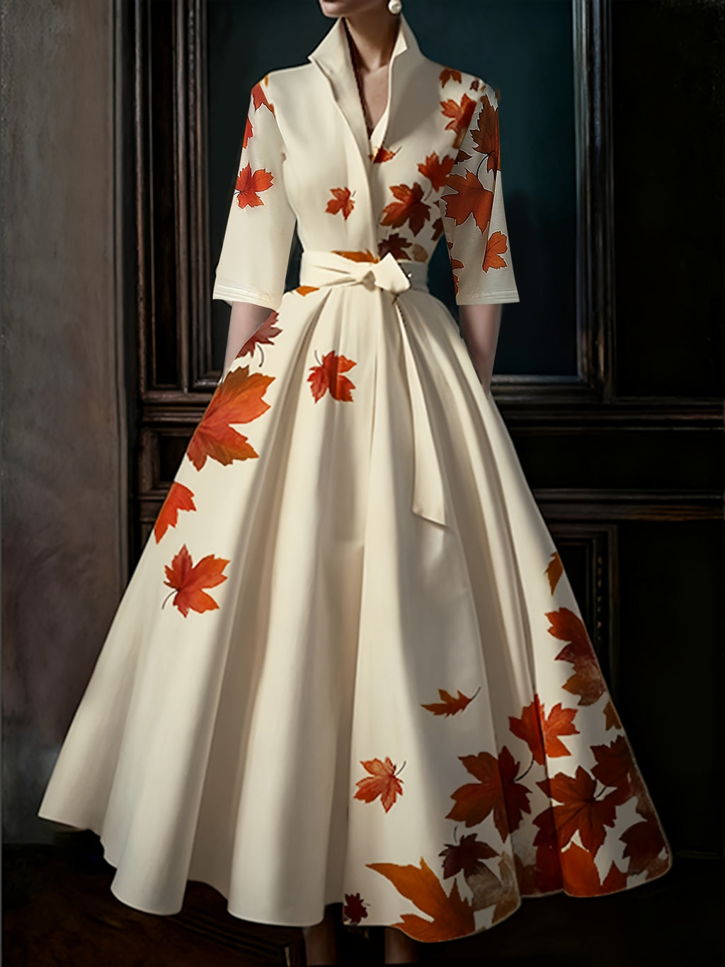 Women's Elegant A-Line Maxi Dress with Short -Inspired Maple Leaf Print - & Mustard Yellow Fitted Bodice & Flowy, Stand Collar Formal Party Wedding Guest Dress, Machine Washable Autumn Fall Gown