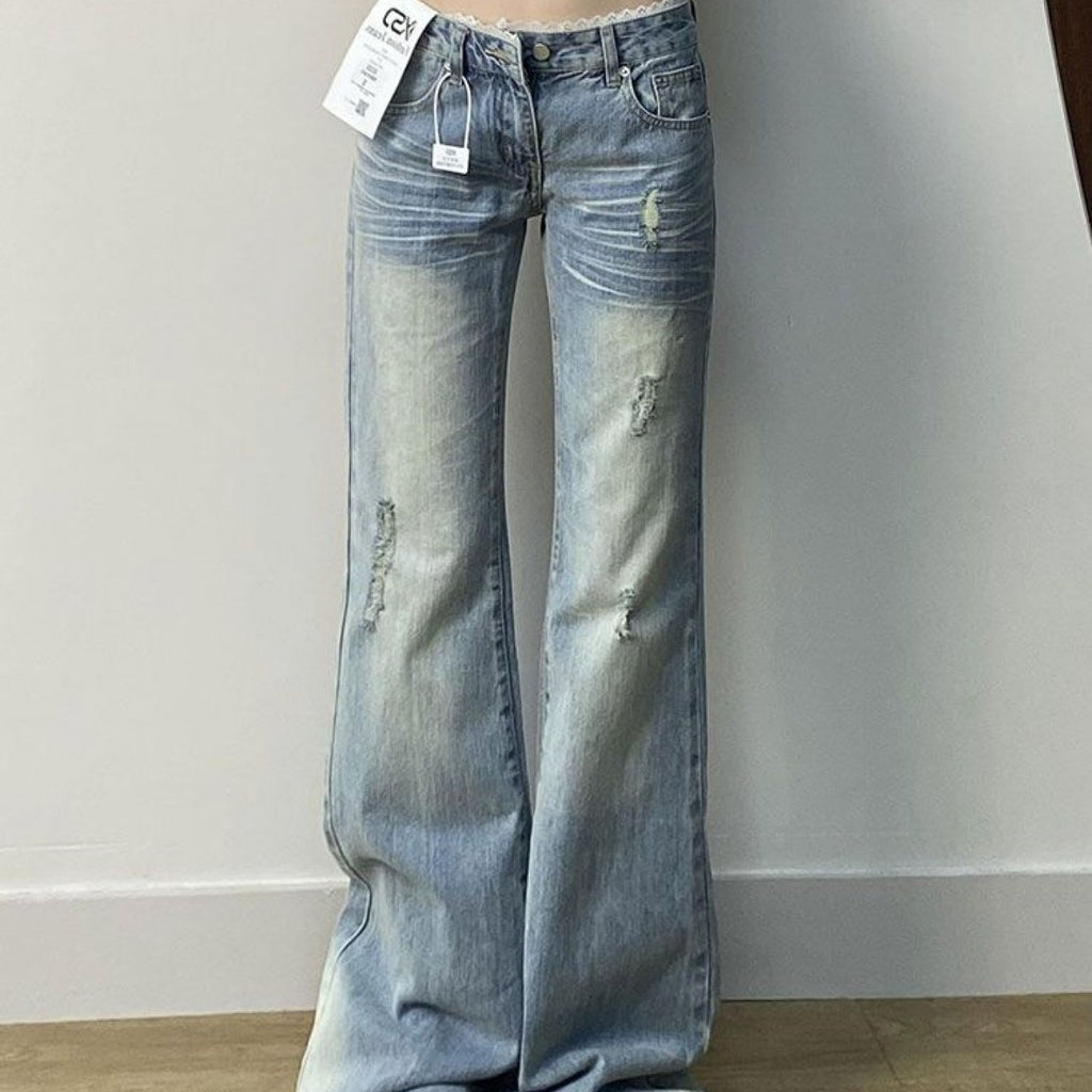 Women'S High-Waisted Ripped Flared Jeans - Slim Fit, Stretch Denim, Button Detail, Casual Summer Style, Light Blue, Loose Fit, High Waist, Casual Summer Wear|Ripped Flared Jeans|Slim Fit Jeans