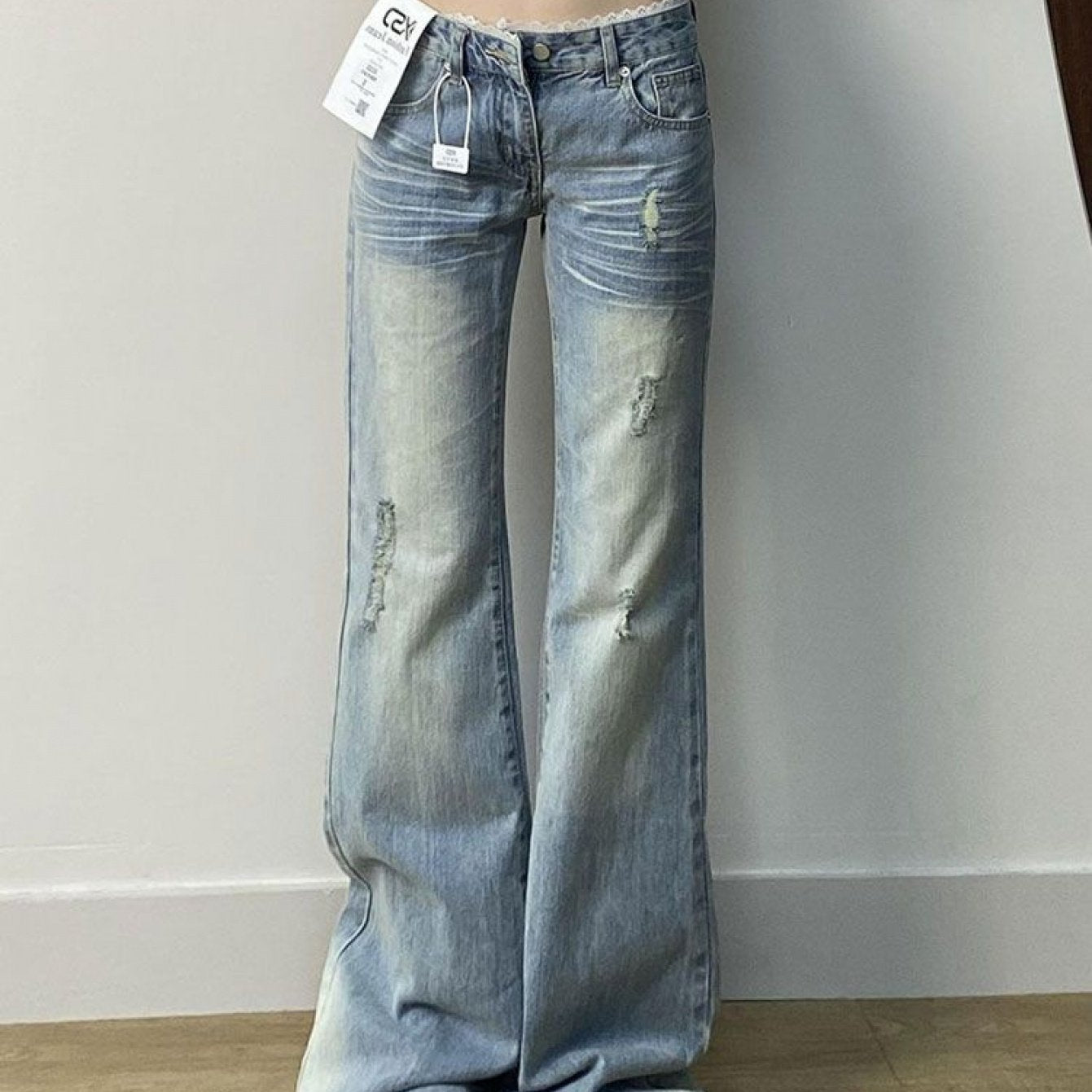 Women'S High-Waisted Ripped Flared Jeans - Slim Fit, Stretch Denim, Button Detail, Casual Summer Style, Light Blue, Loose Fit, High Waist, Casual Summer Wear|Ripped Flared Jeans|Slim Fit Jeans