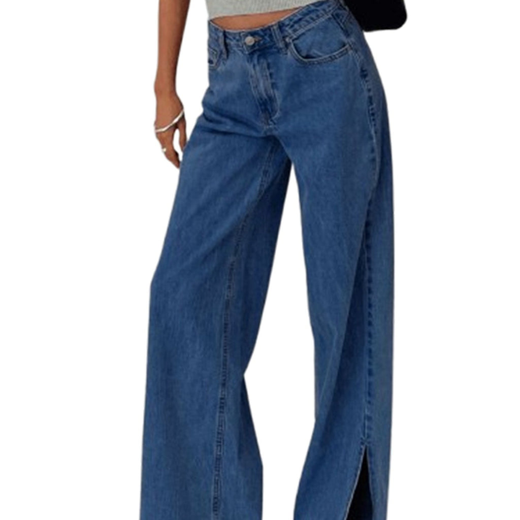 Women's Low-Rise Wide Leg Split Hem Jeans - Washed Denim Pants with Loose Fit, All-Season Casual Trousers, Machine Washable & Dry Cleanable (No Transparency) - Comfortable Wide Leg for Jeans Skirts\u002FOutfits (Stock Collection)