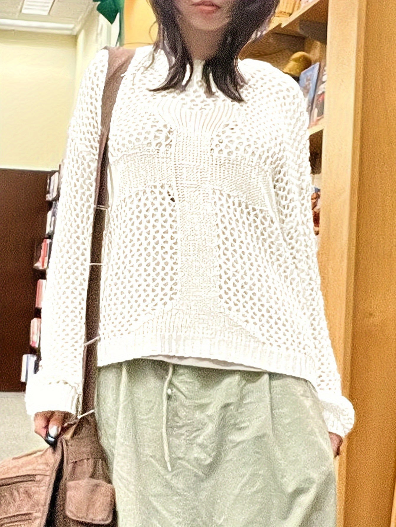 Y2K-Inspired Casual Knit Sweater for Women - Loose Fit, Hollow-Out Design with Long Sleeves, Perfect for Spring & Fall