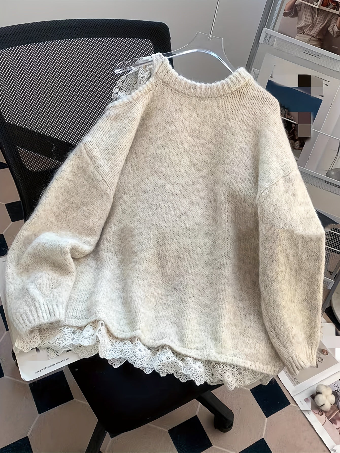 European and American Autumn-Winter New Fashion Heavy-Duty Contrast Lace Splicing Bow Mid-Length Sweater Pullover Jacket for Women