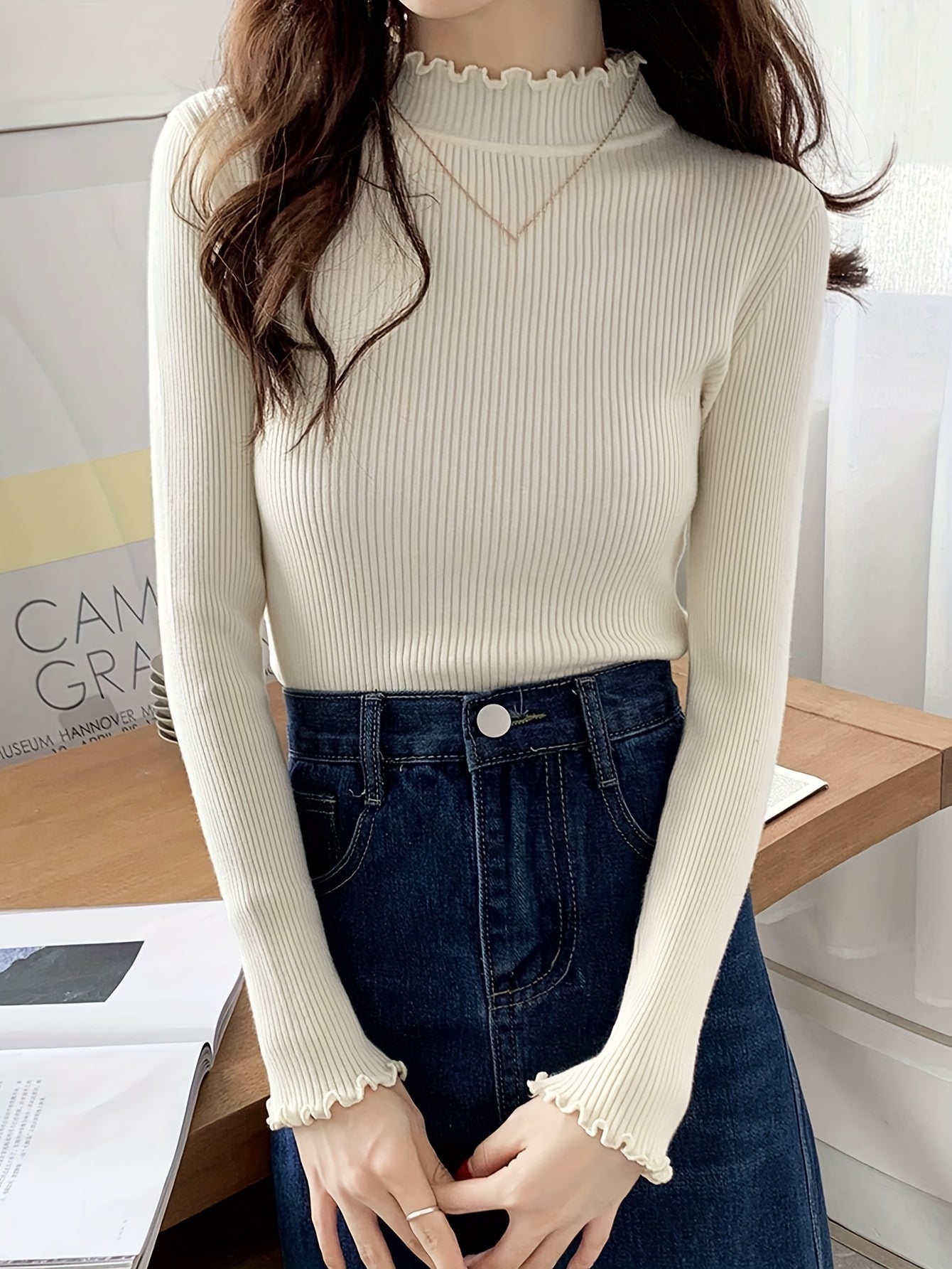 Women's Slim-Fit Korean\u002F Inspired High-Neck Sweater - Ruffled Collar & Sleeve Trim, Beige Pullover, Long Sleeve Blouse for Spring\u002FFall Layering, Casual & Formal Wear ( Kimono-Inspired Style)
