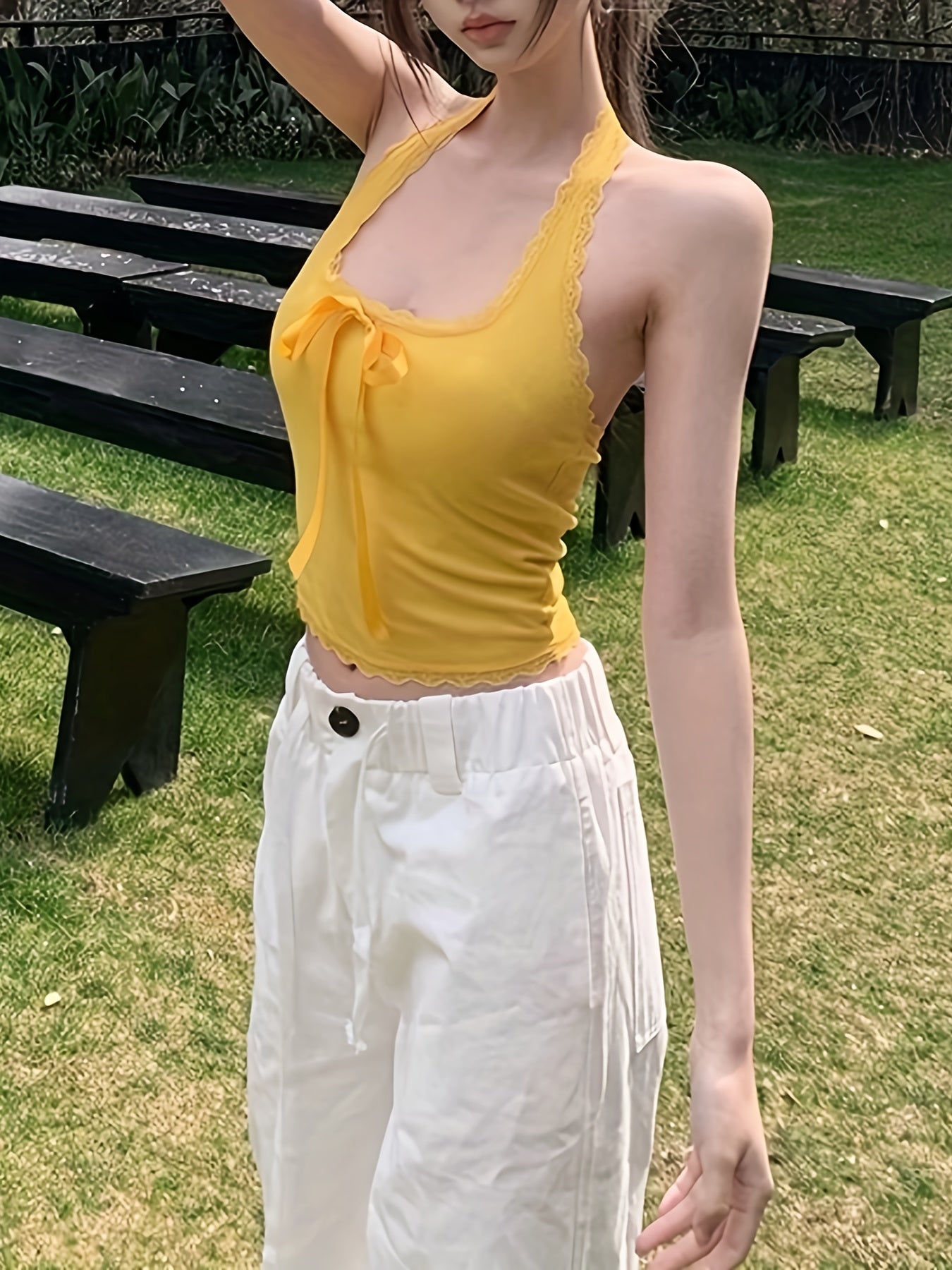 Y2K Sexy Halter Neck Crop Top - Red Lace Trim & Front Bow Detail, Summer Casual H-Silhouette Shirt with Padded Bust, Machine Washable Solid Color Women's Fashion Top, Trendy Outfit, Decorative Bow Detail, Nontransparent Fabric