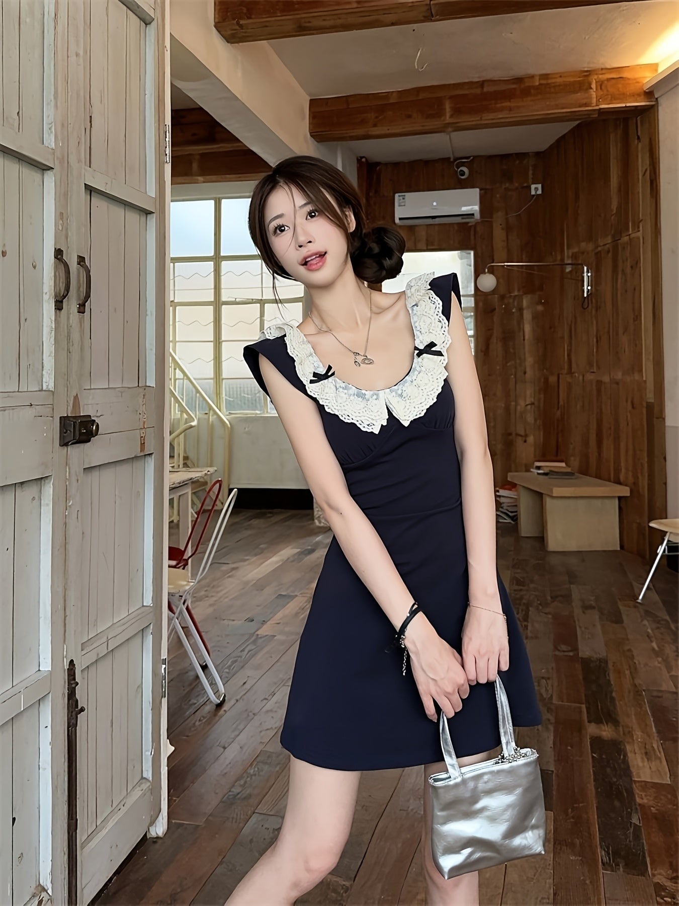 Women's French-Inspired Lace Trim Dress - Short Flying Sleeve A-Line Smock Dress with High Waist Hugging Silhouette, Navy Blue & White Collar, Short Length Petite-Friendly Dress for Parties Weddings Daily Wear (Machine Washable) 2025