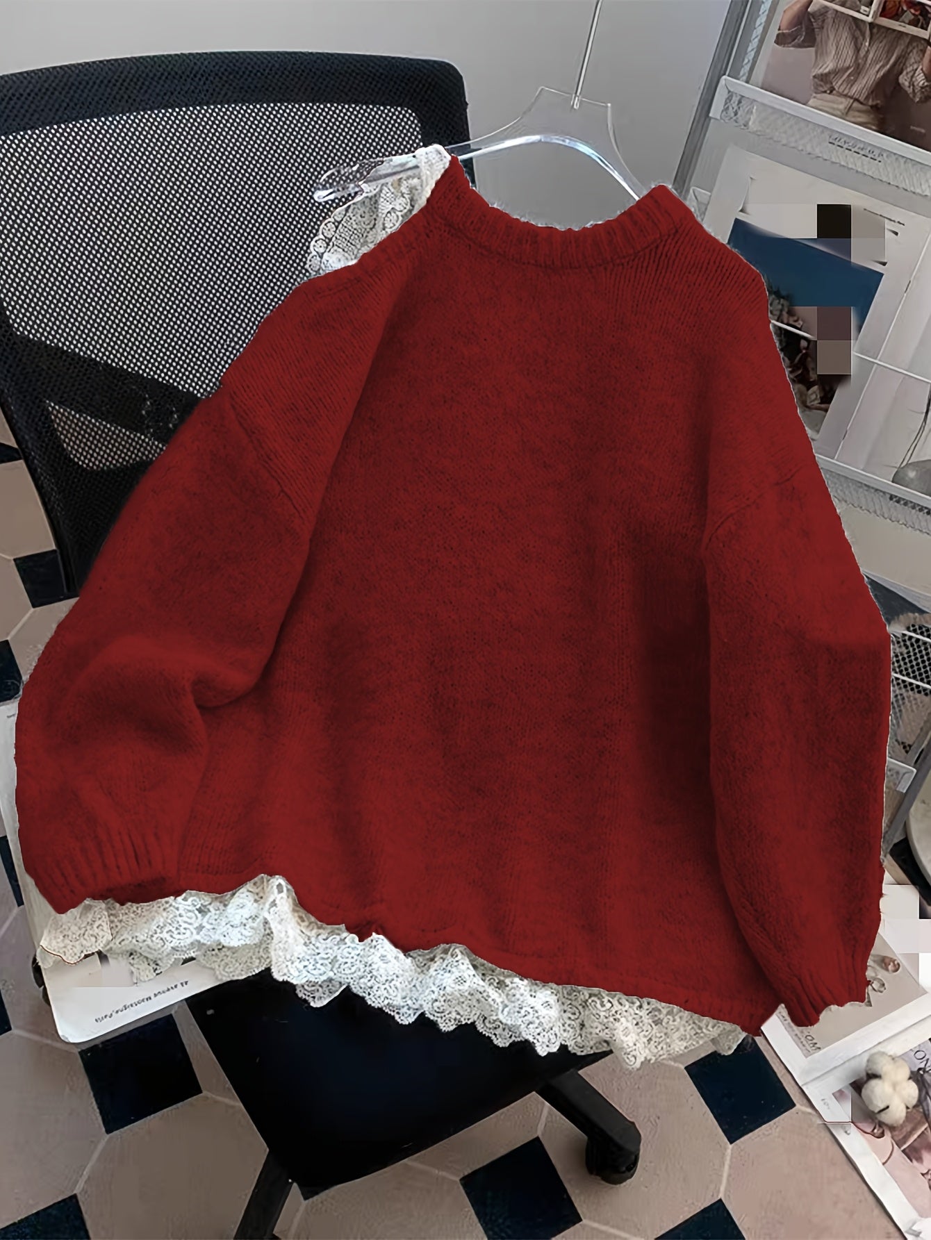 European and American Autumn-Winter New Fashion Heavy-Duty Contrast Lace Splicing Bow Mid-Length Sweater Pullover Jacket for Women